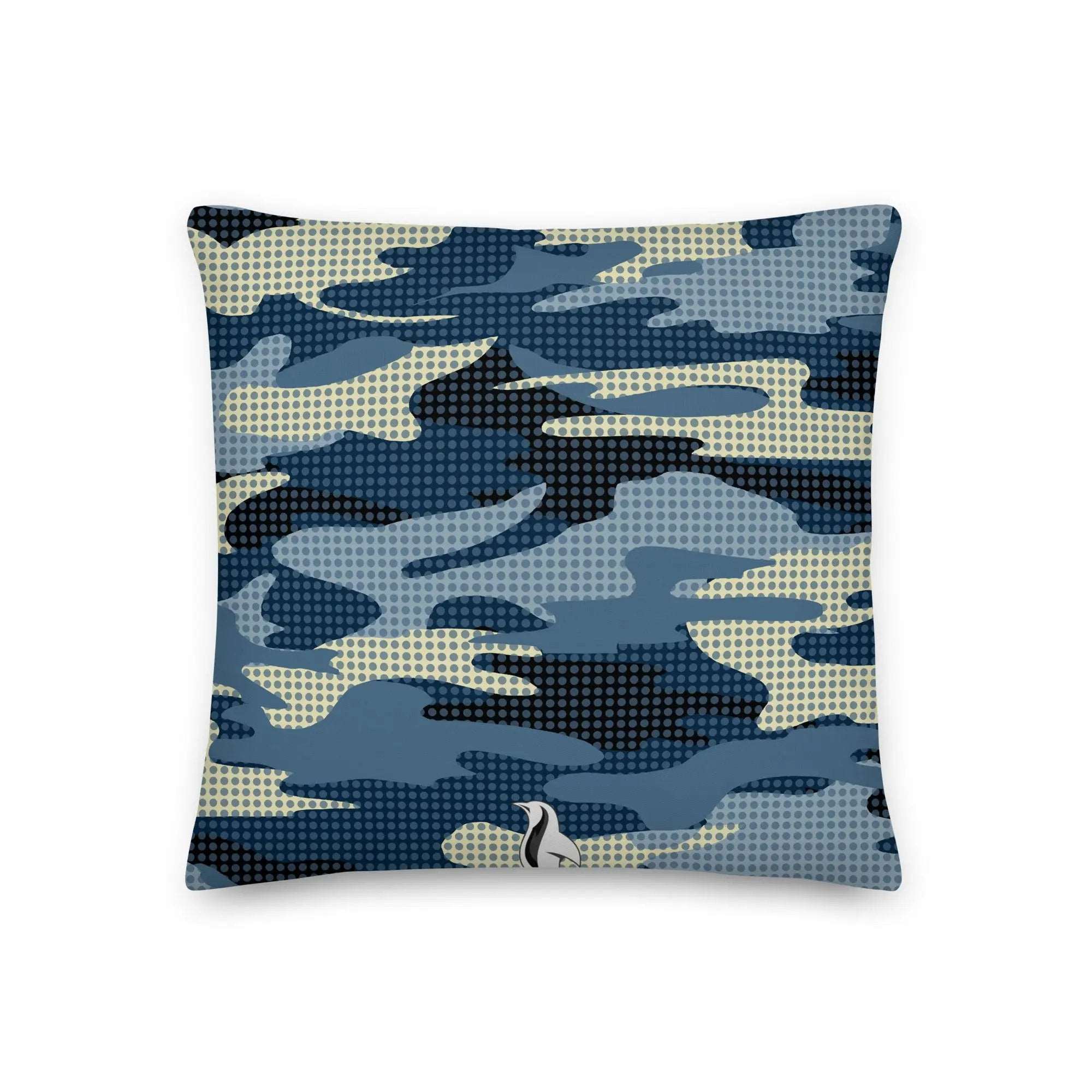 a blue camo pillow on a white background