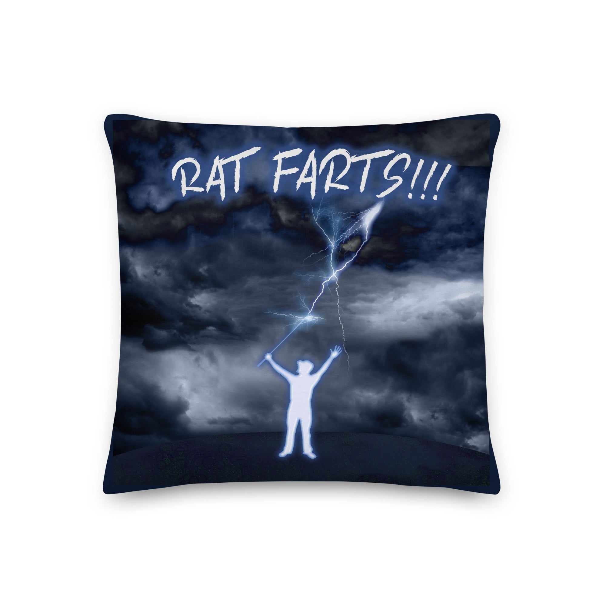 Blue pillow with Rat Farts on it
