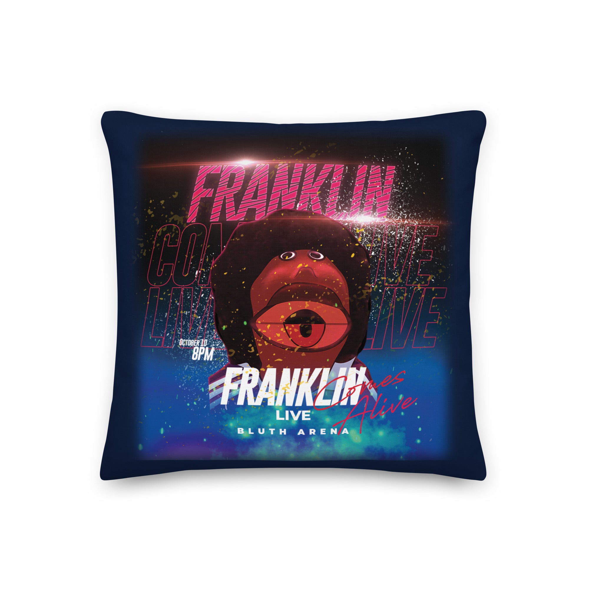 Black pillow with a picture of a dummy