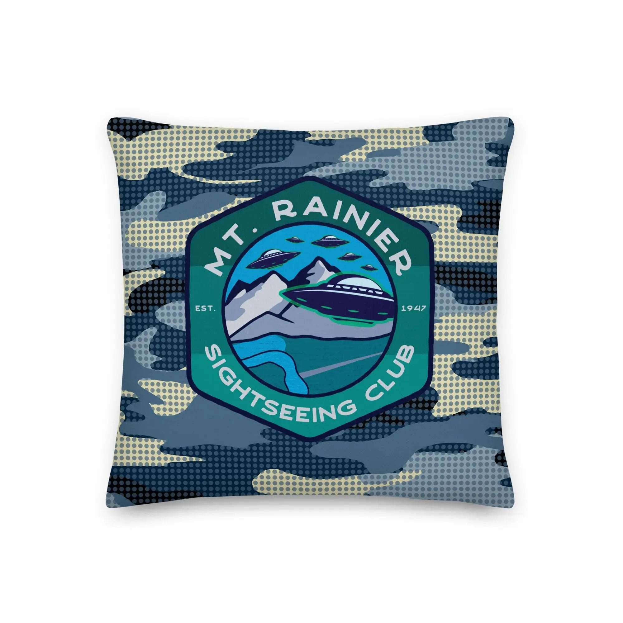 a blue camo pillow with a logo on it