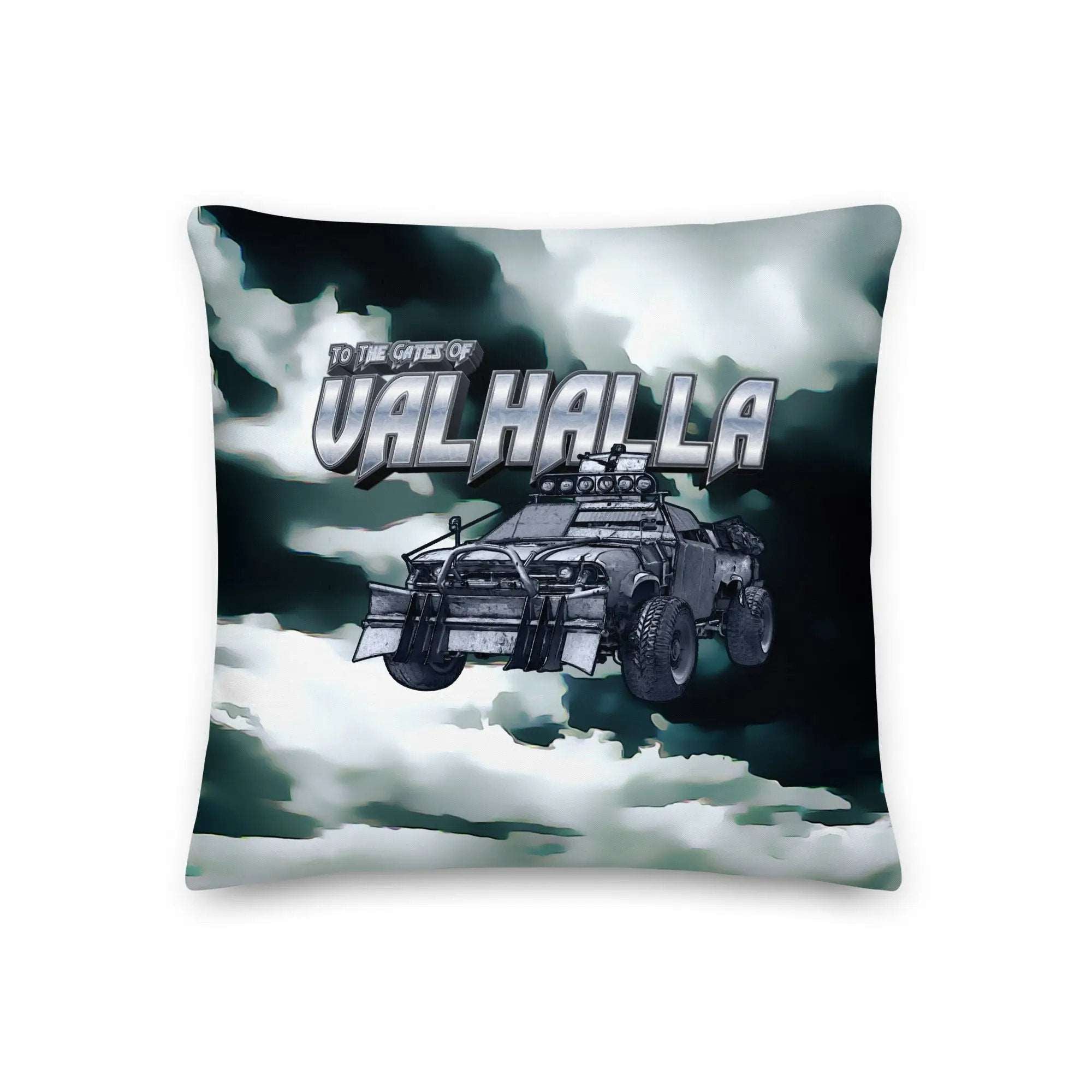 a pillow with a picture of a car flying through the sky