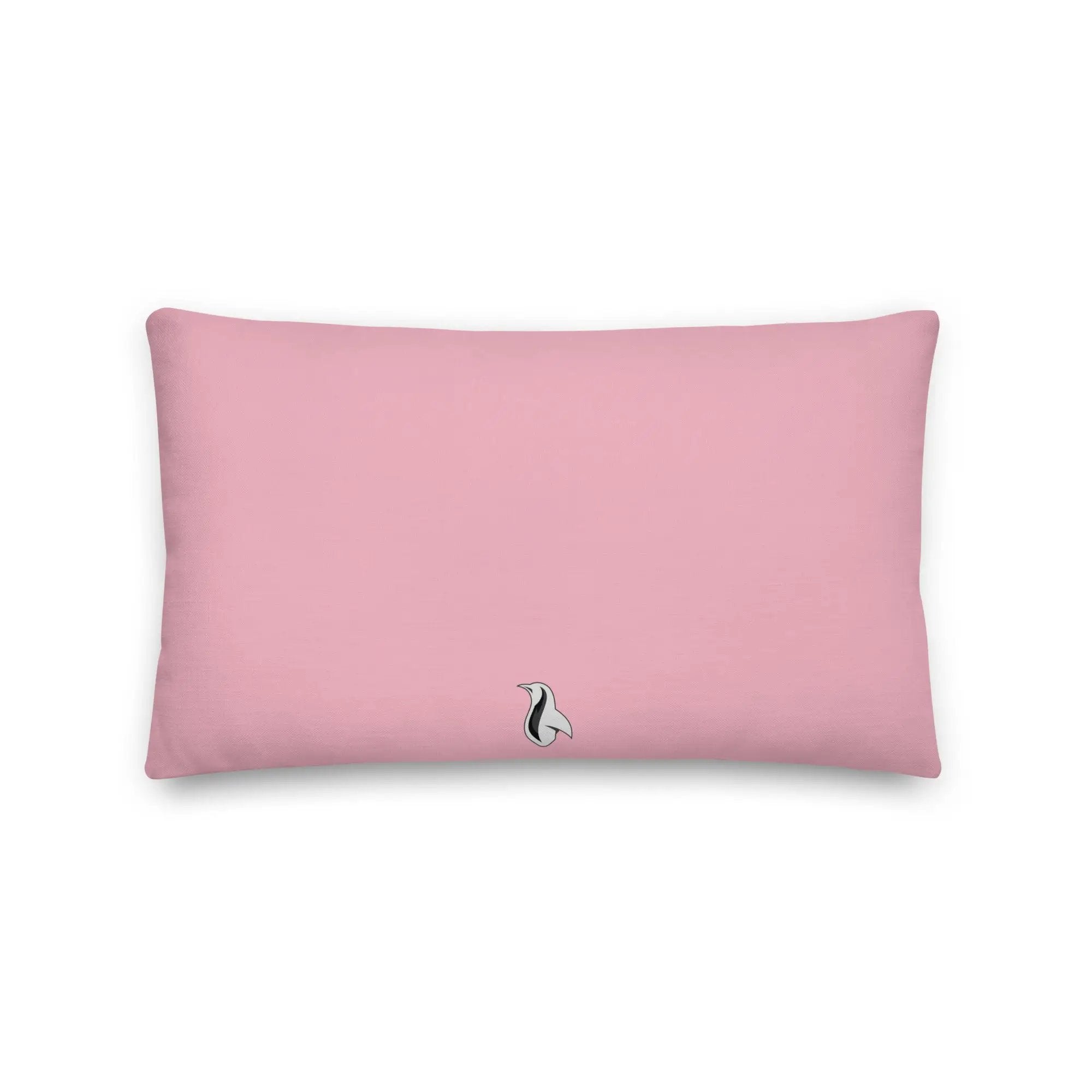 a pink pillow with a black and white bird on it