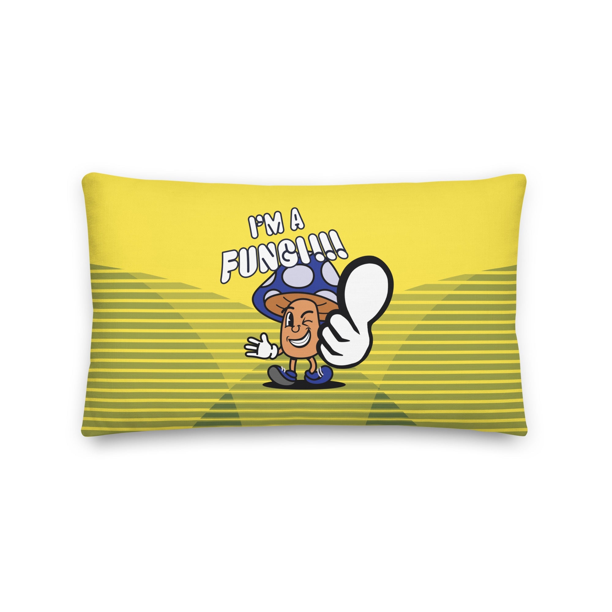 yellow pillow with a funny mushroom