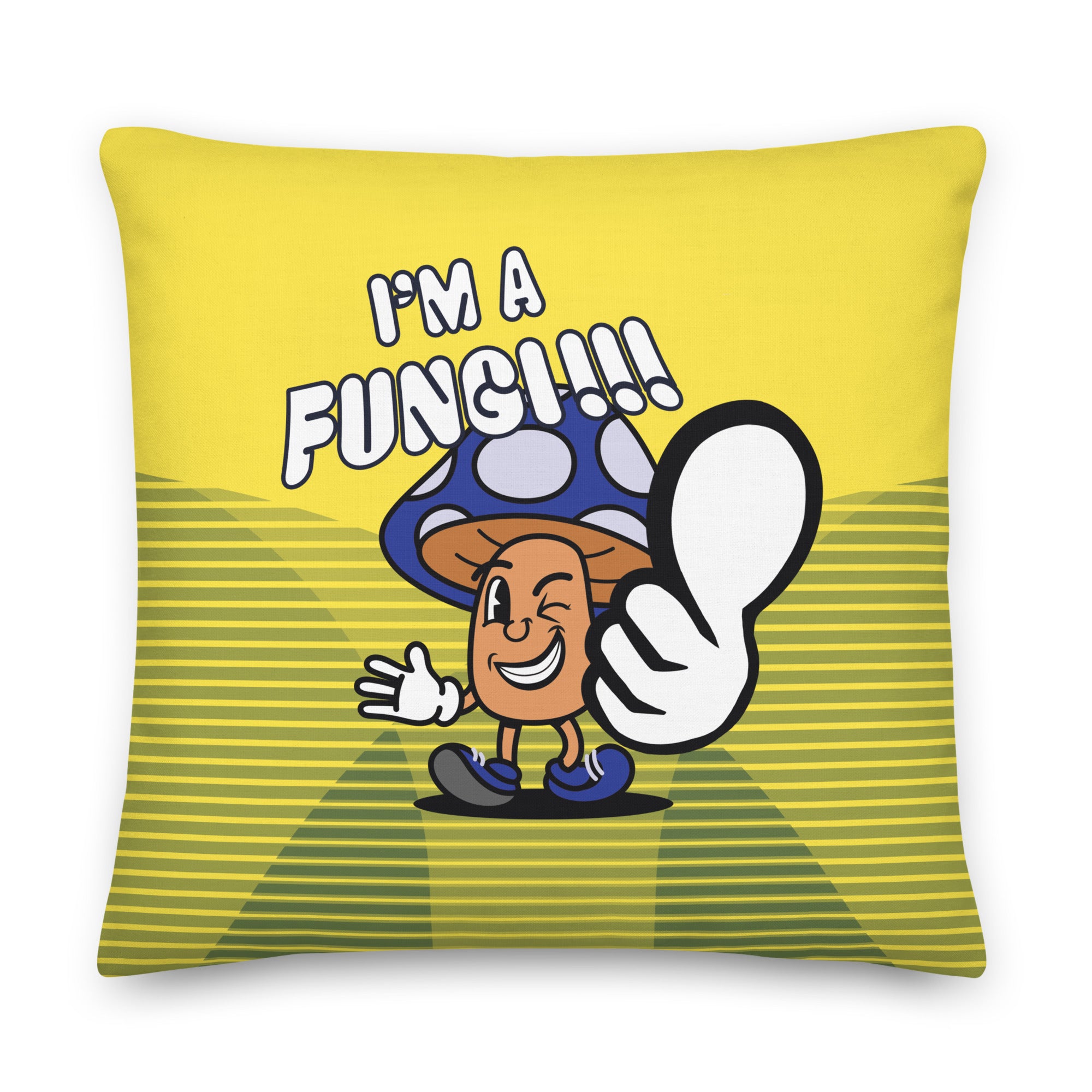 yellow pillow with a funny mushroom