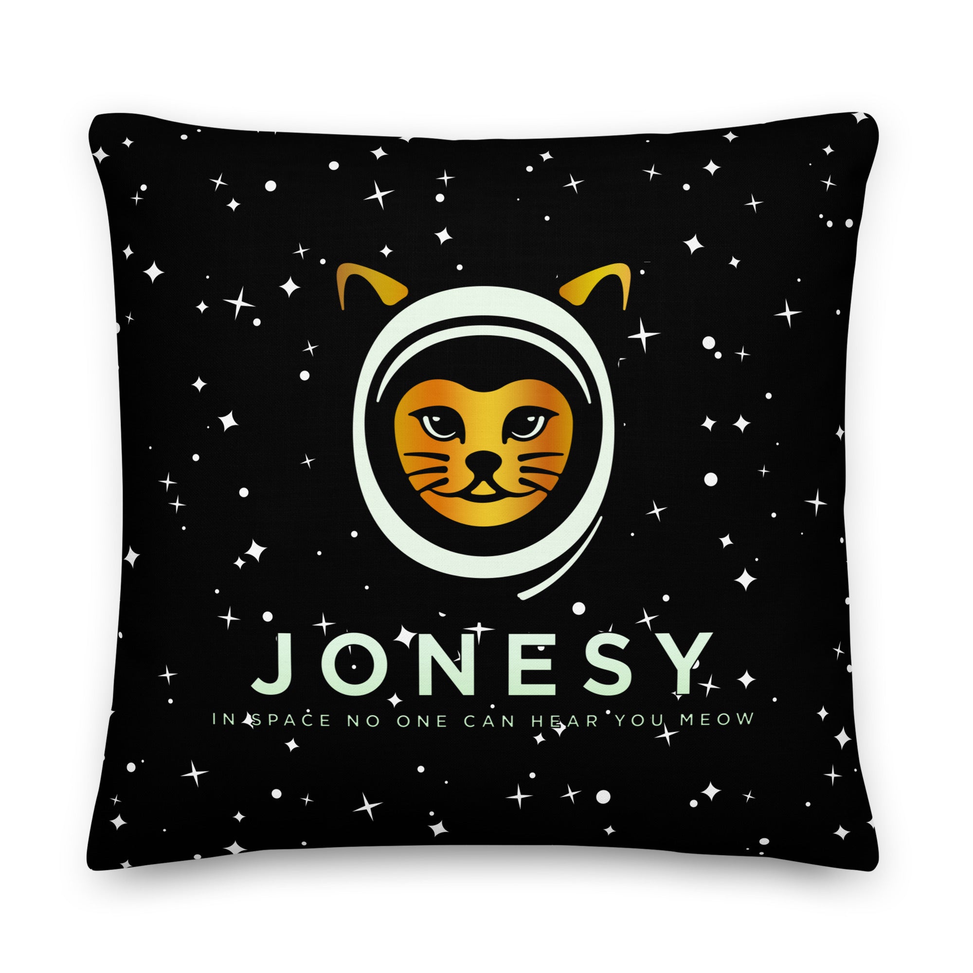 a black pillow with a picture of a cat in a space suit