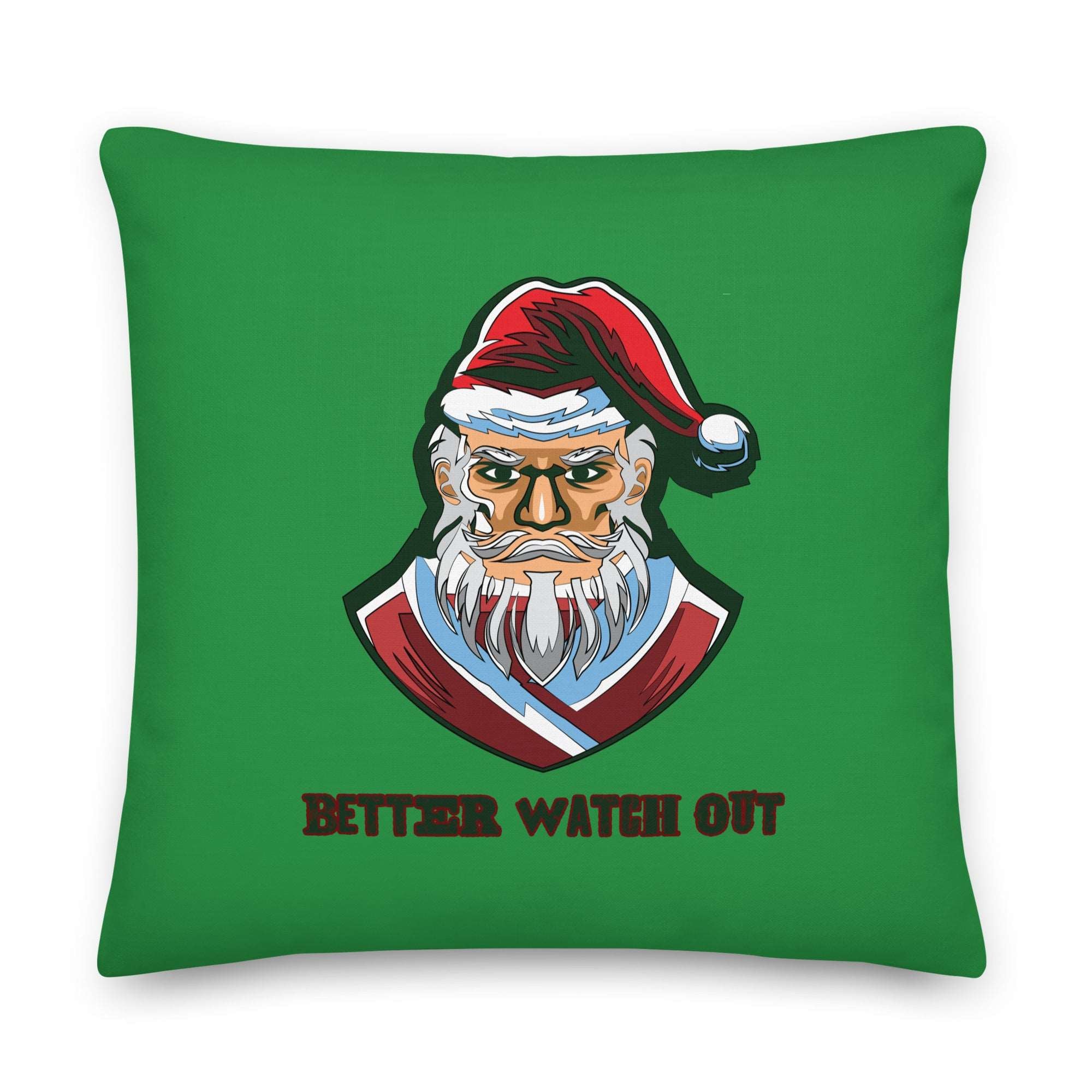 a green pillow with a santa clause on it