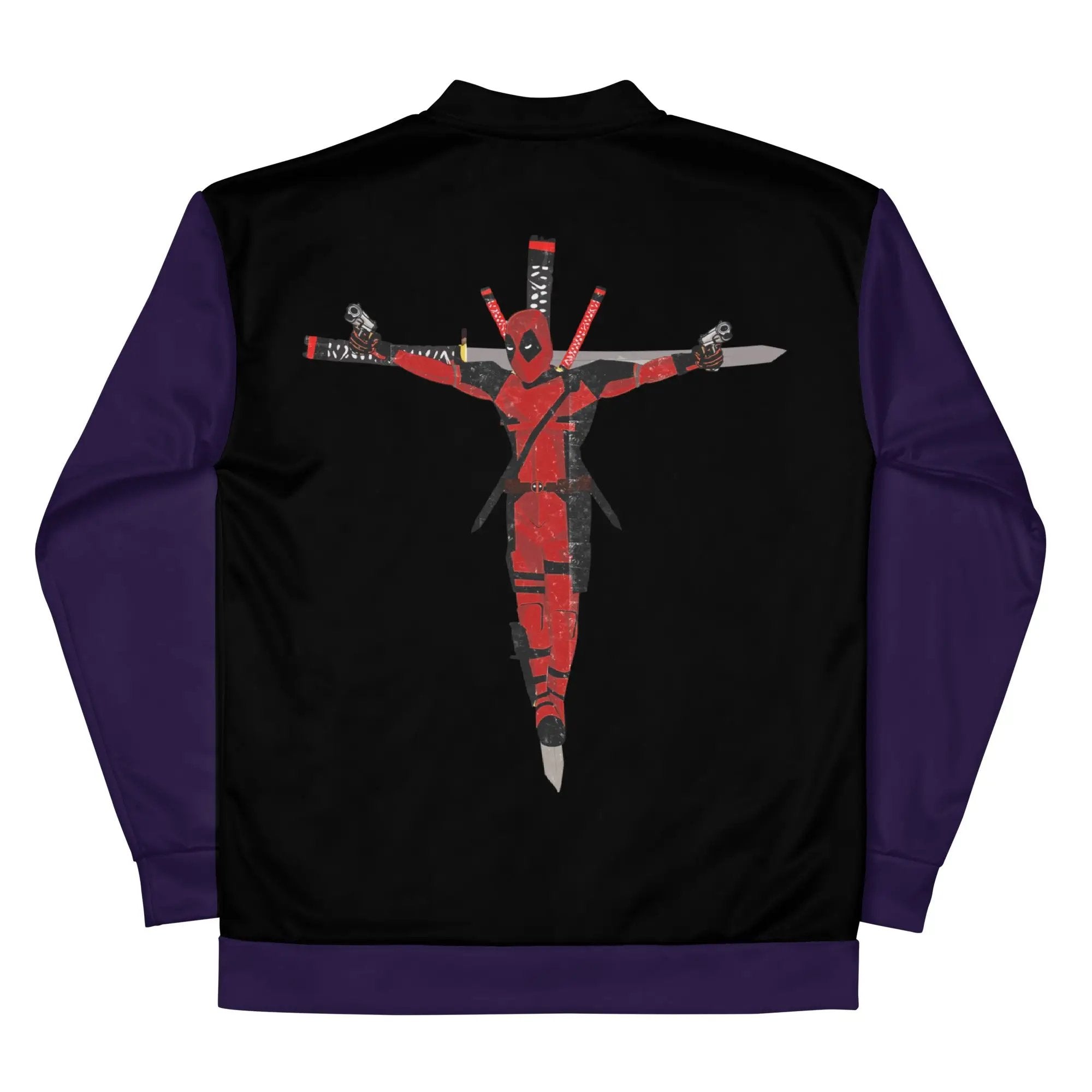 a black and purple jacket with a red cross on it