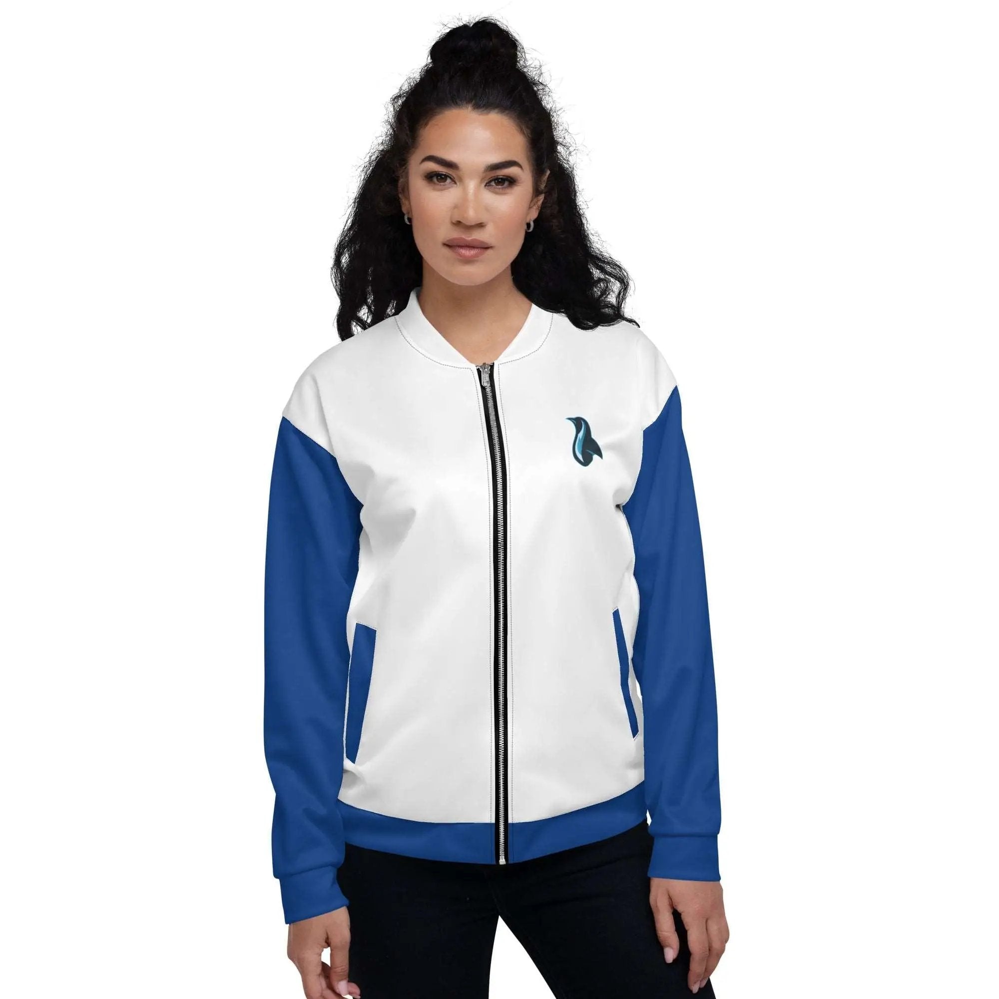 a woman wearing a white and blue jacket