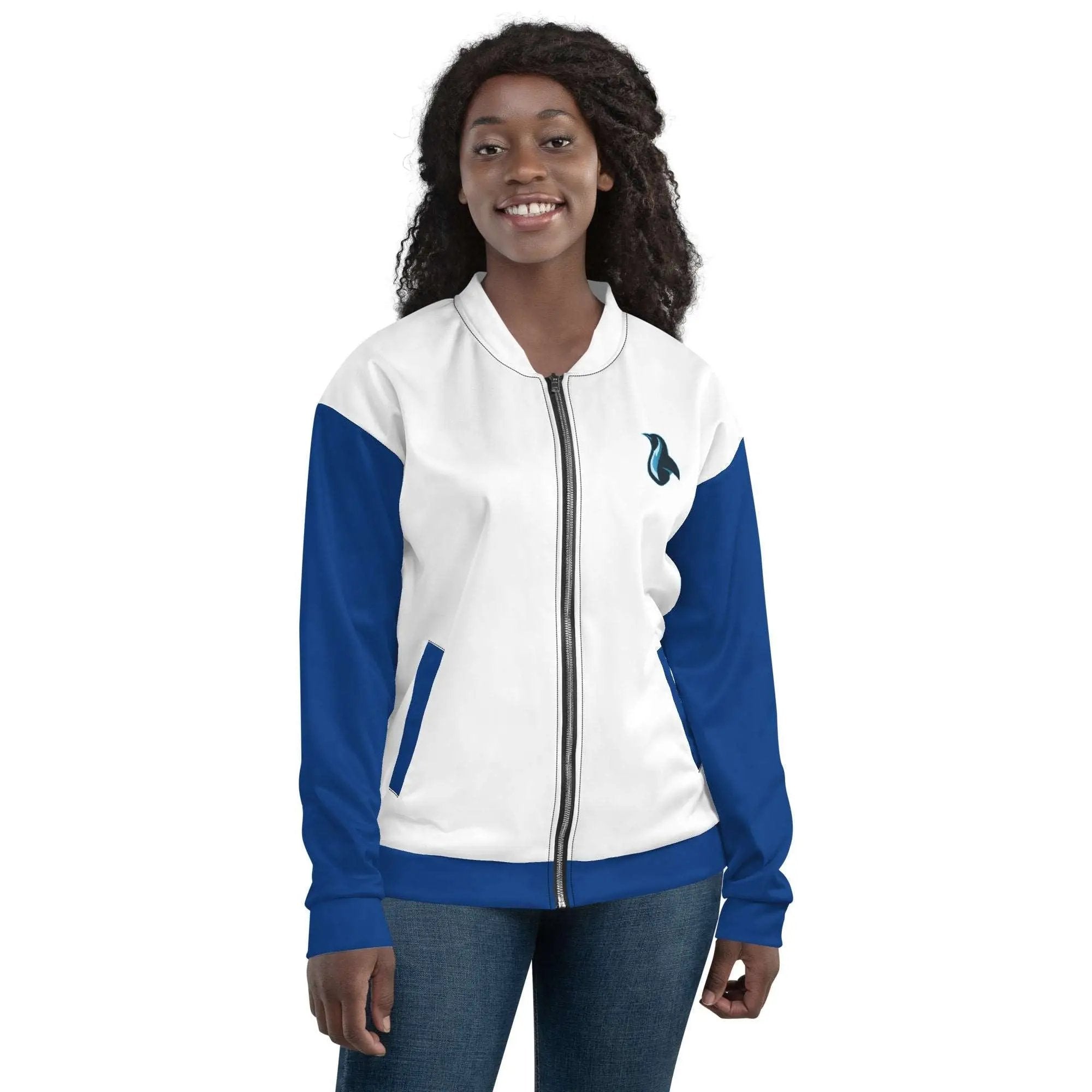 a woman wearing a white and blue jacket