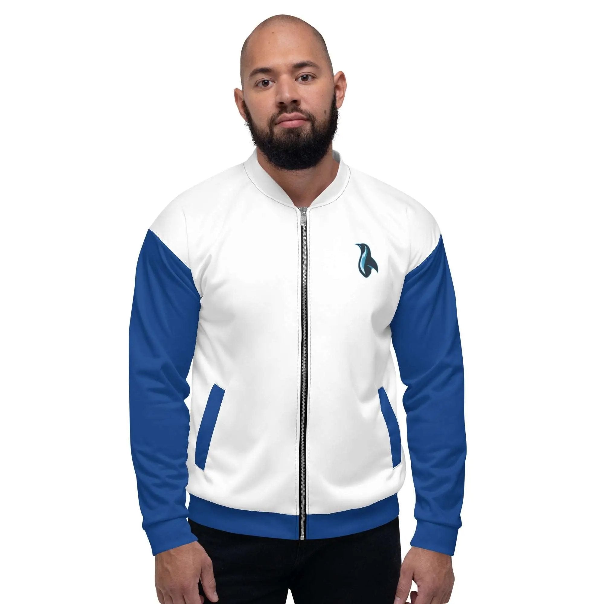 a man wearing a white and blue jacket