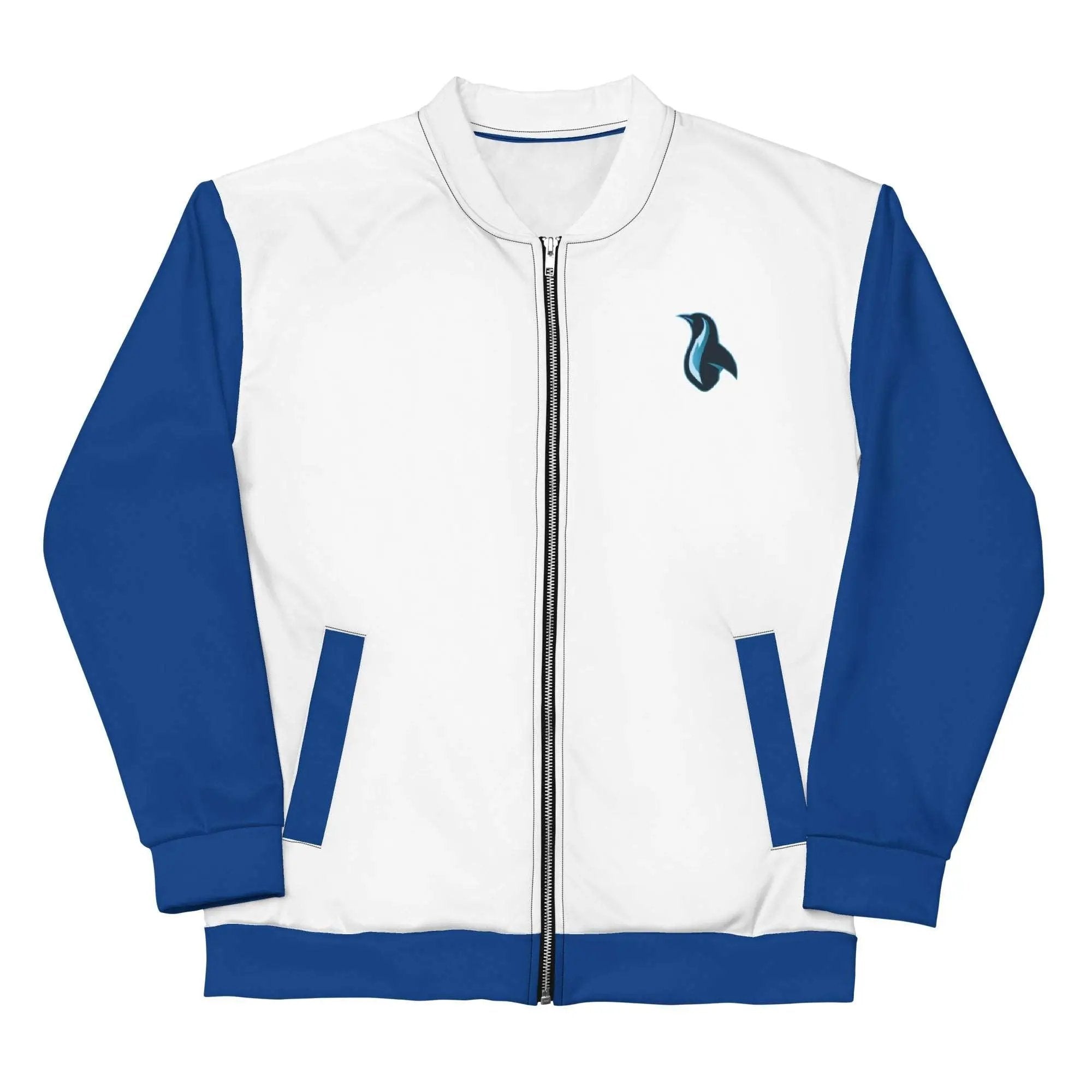 a white and blue jacket with a bird on it
