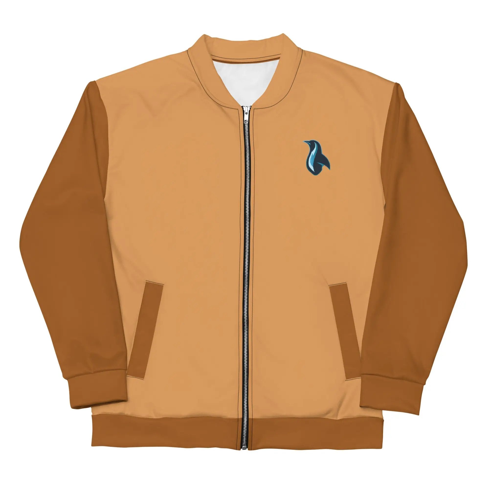 a brown jacket with a blue bird on it