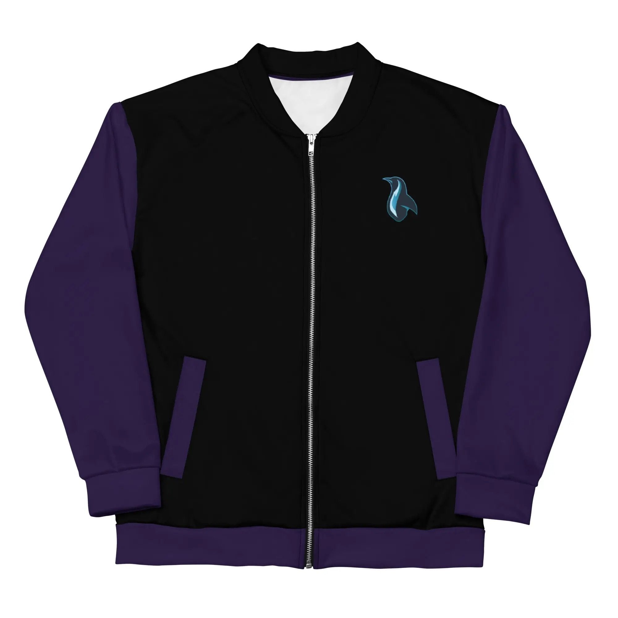 a black and purple jacket with a dolphin on it
