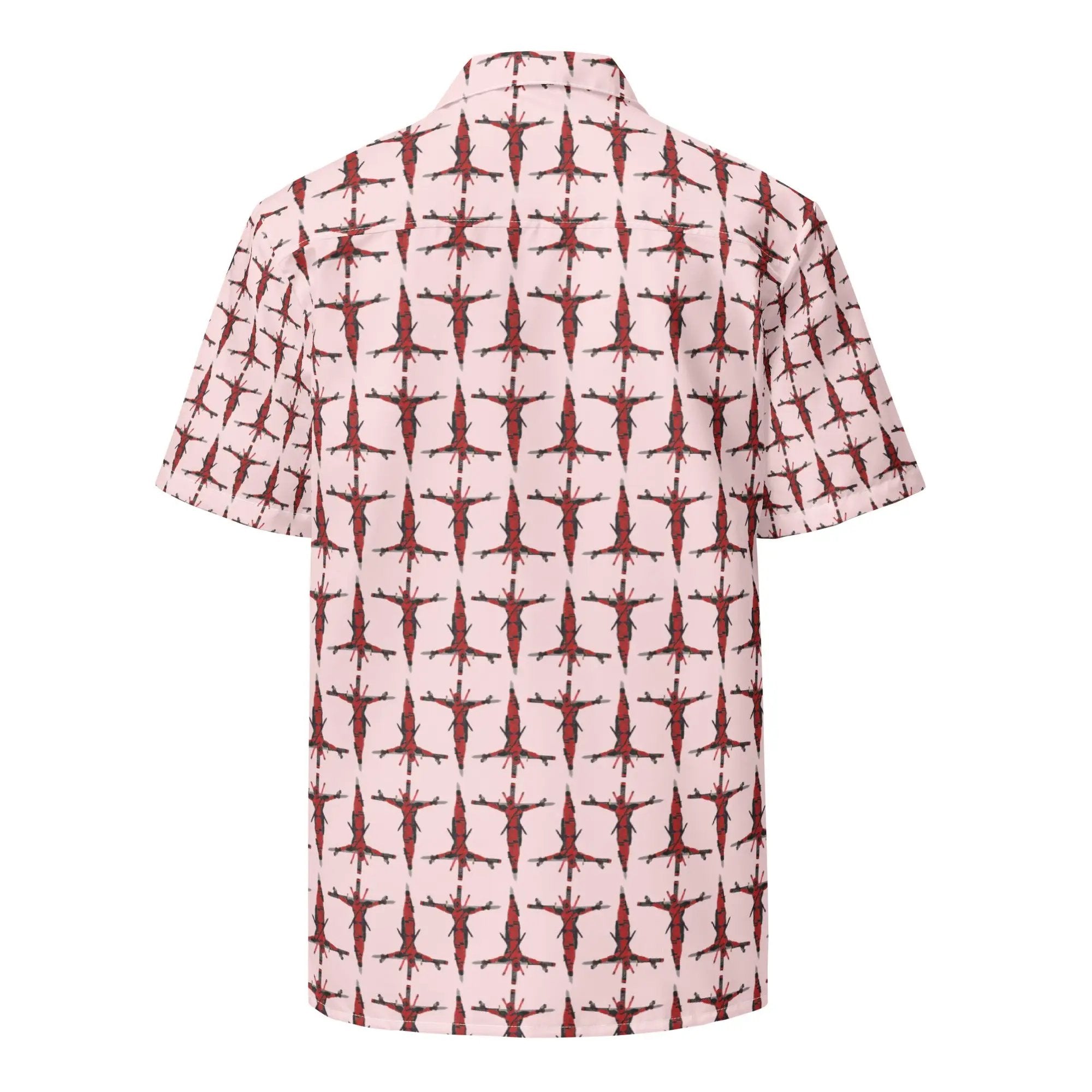 a pink shirt with red and white crosses on it