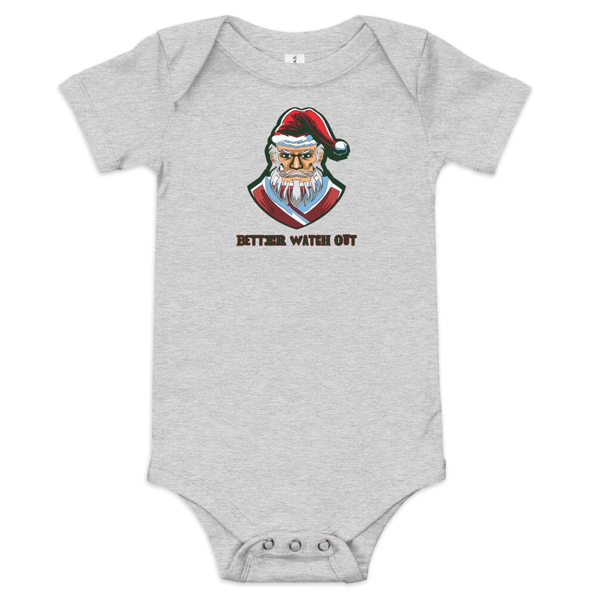 a baby bodysuit with a santa clause on it