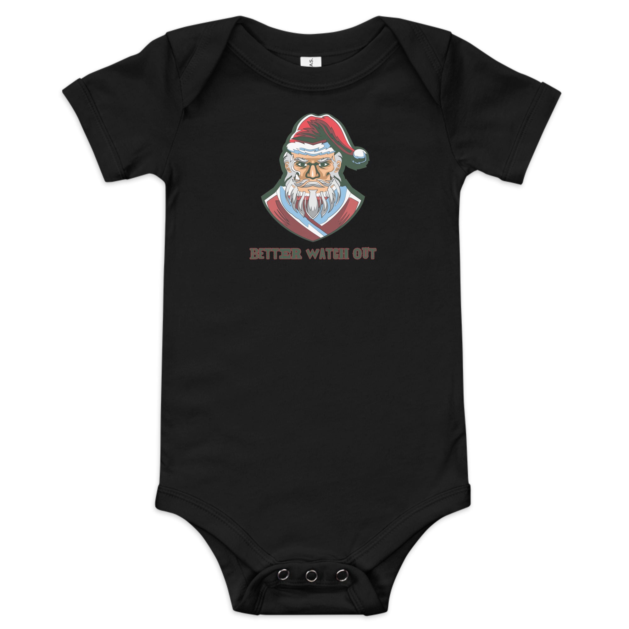 a black bodysuit with a santa clause on it