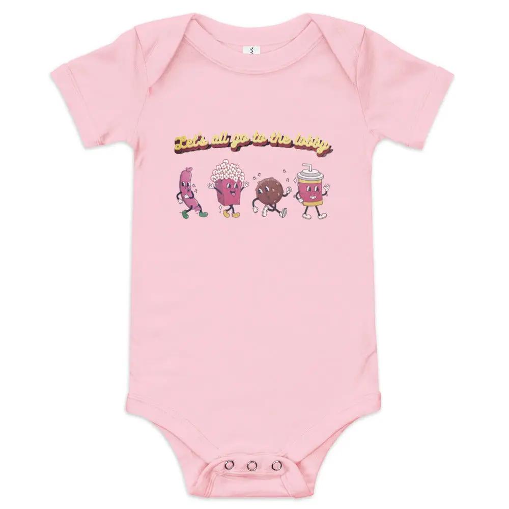 a pink bodysuit with cartoon characters on it