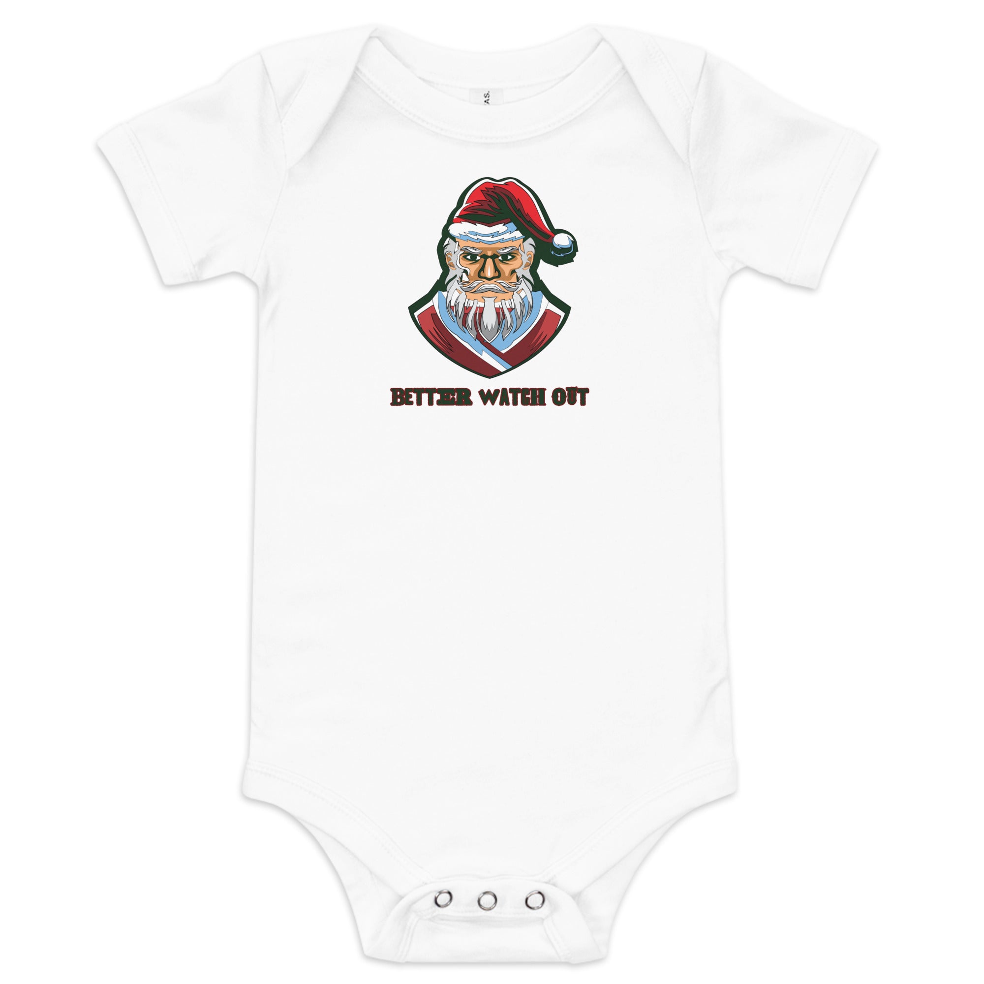 a white bodysuit with a santa clause on it