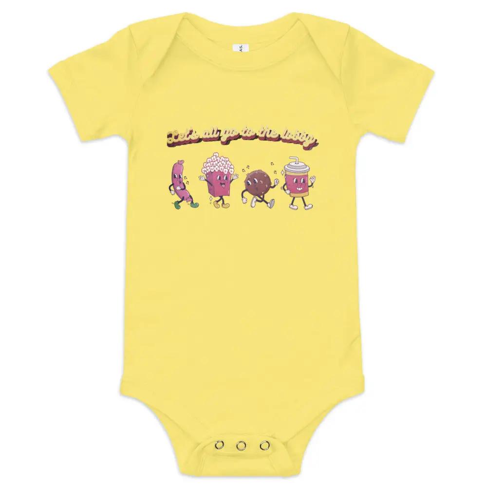 a yellow bodysuit with three cartoon characters on it