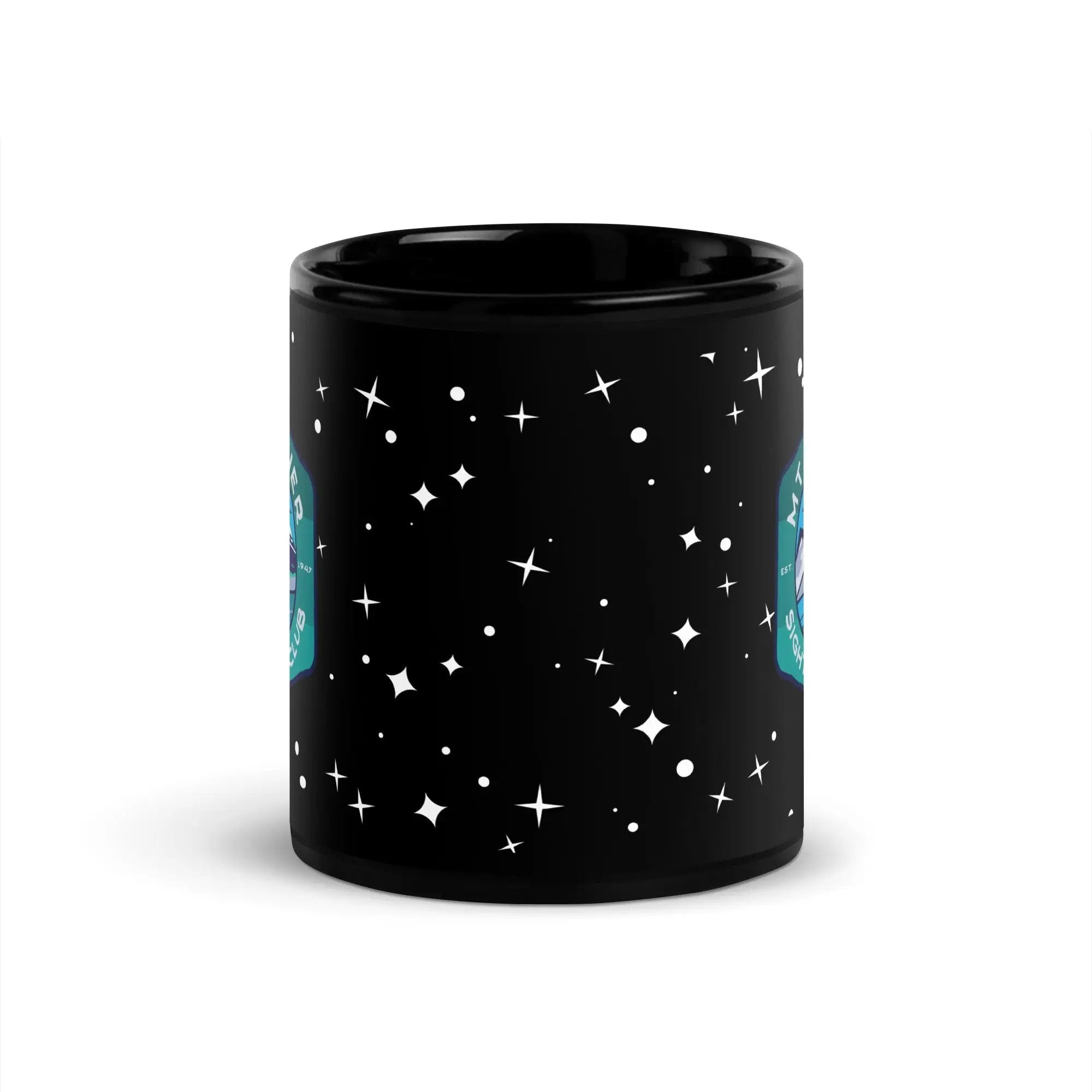 a black coffee mug with white stars on it
