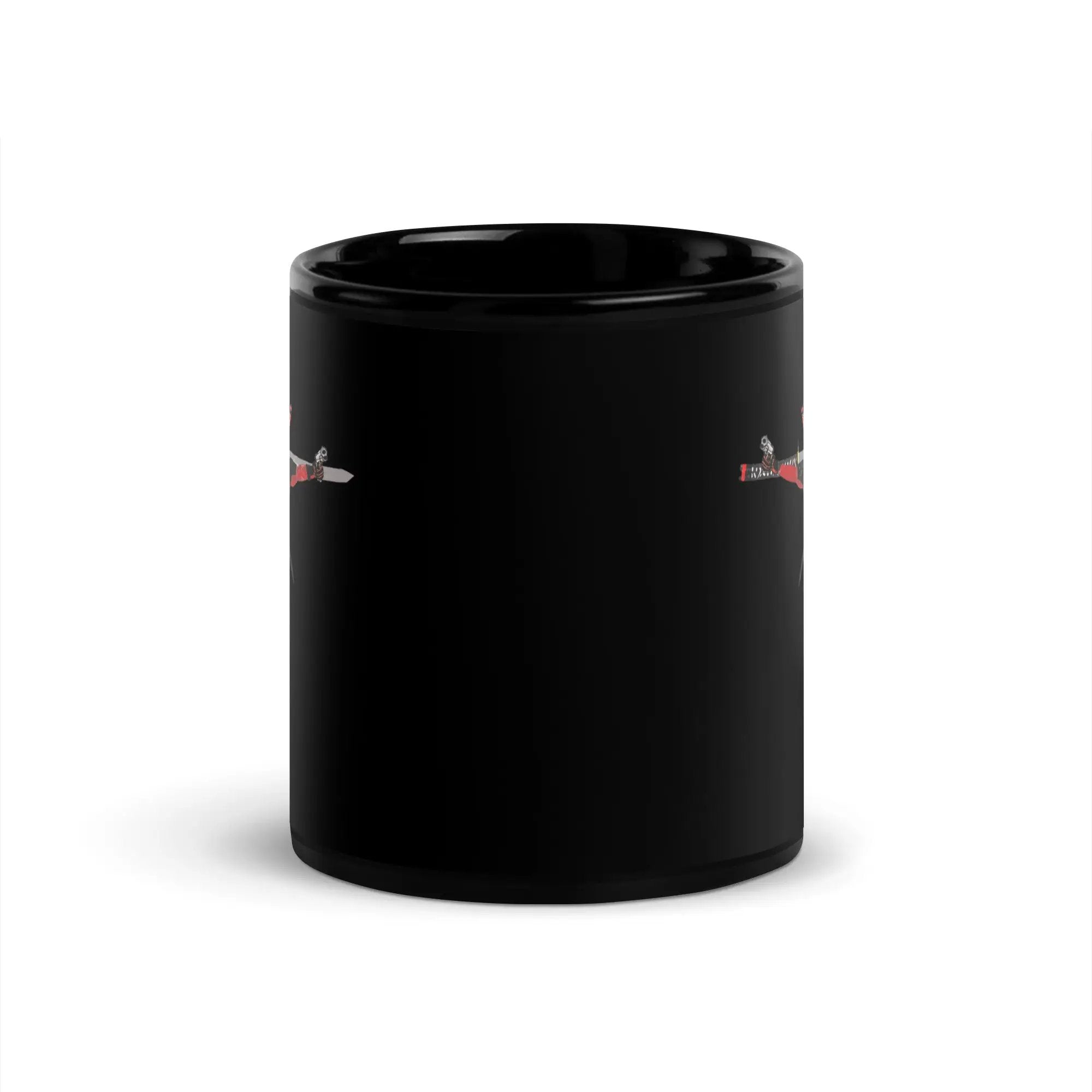 a black coffee mug with a red arrow on it