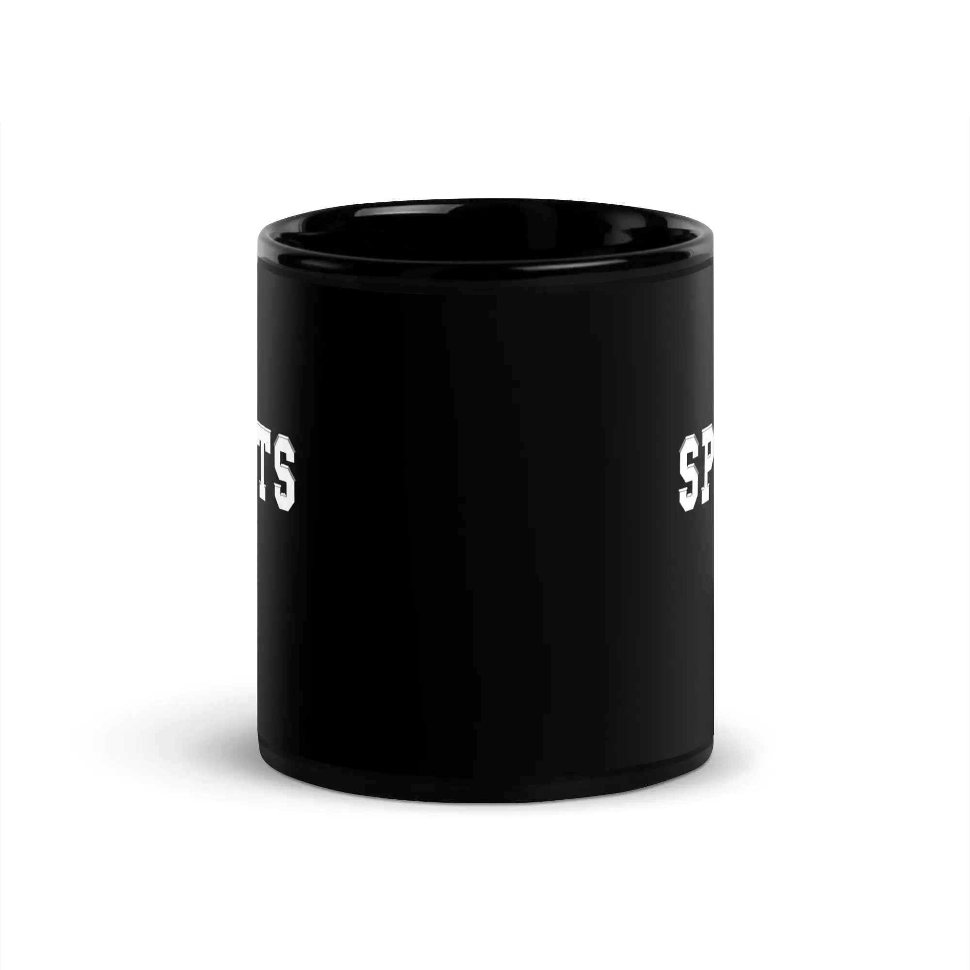 a black coffee mug with white letters on it