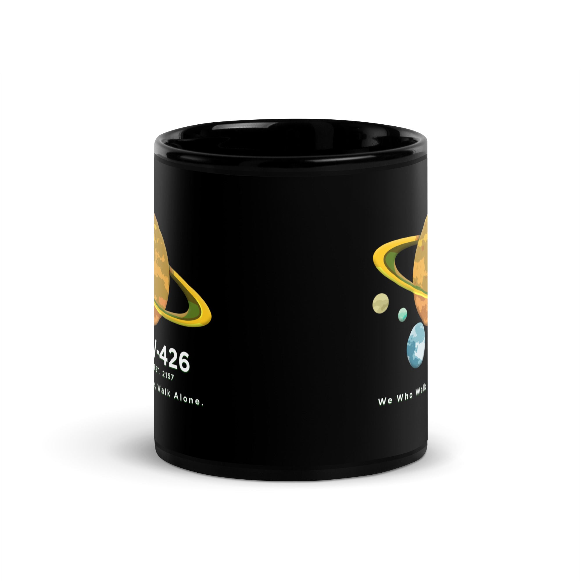 a black coffee mug with a picture of saturn on it