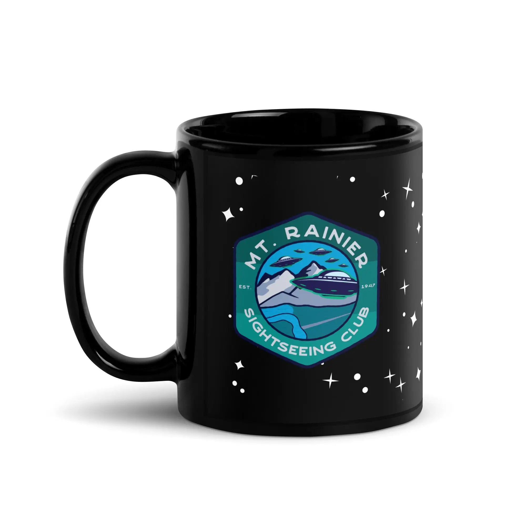 a black coffee mug with the words mr rainer on it