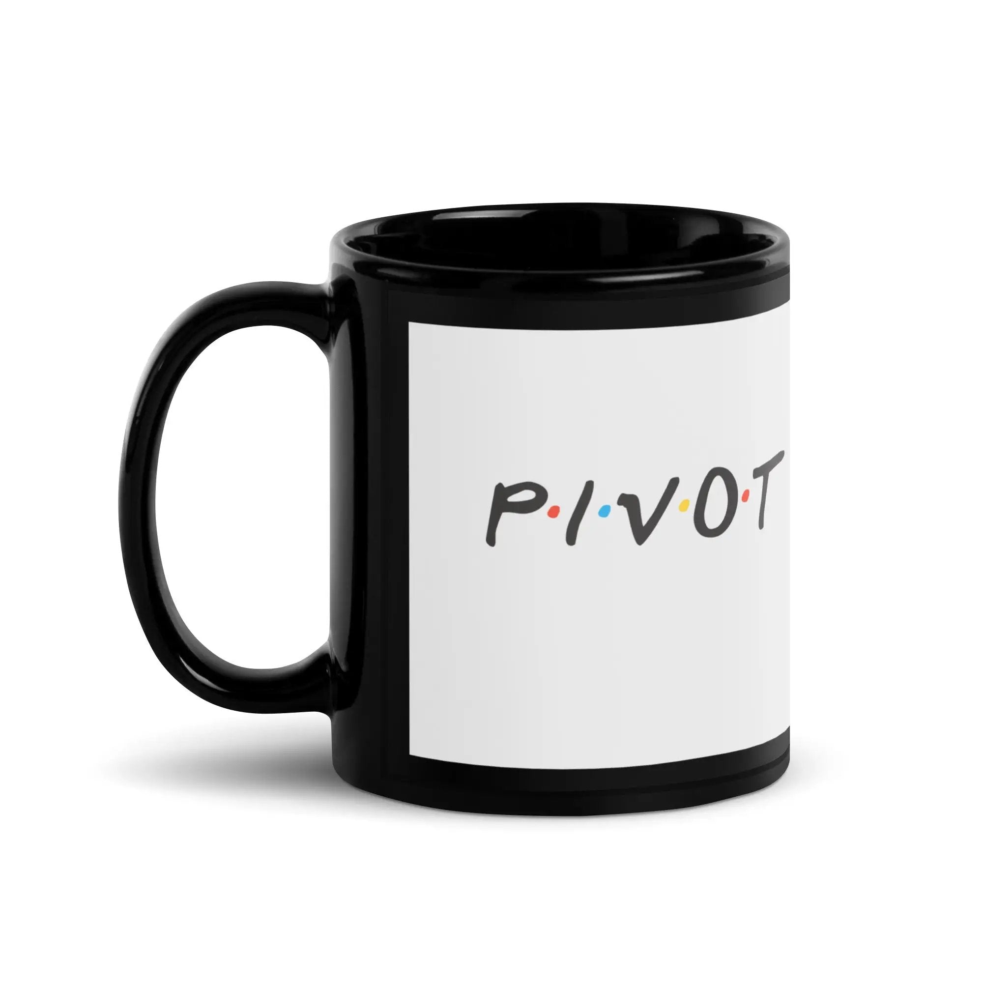a black and white mug with the word pivot on it
