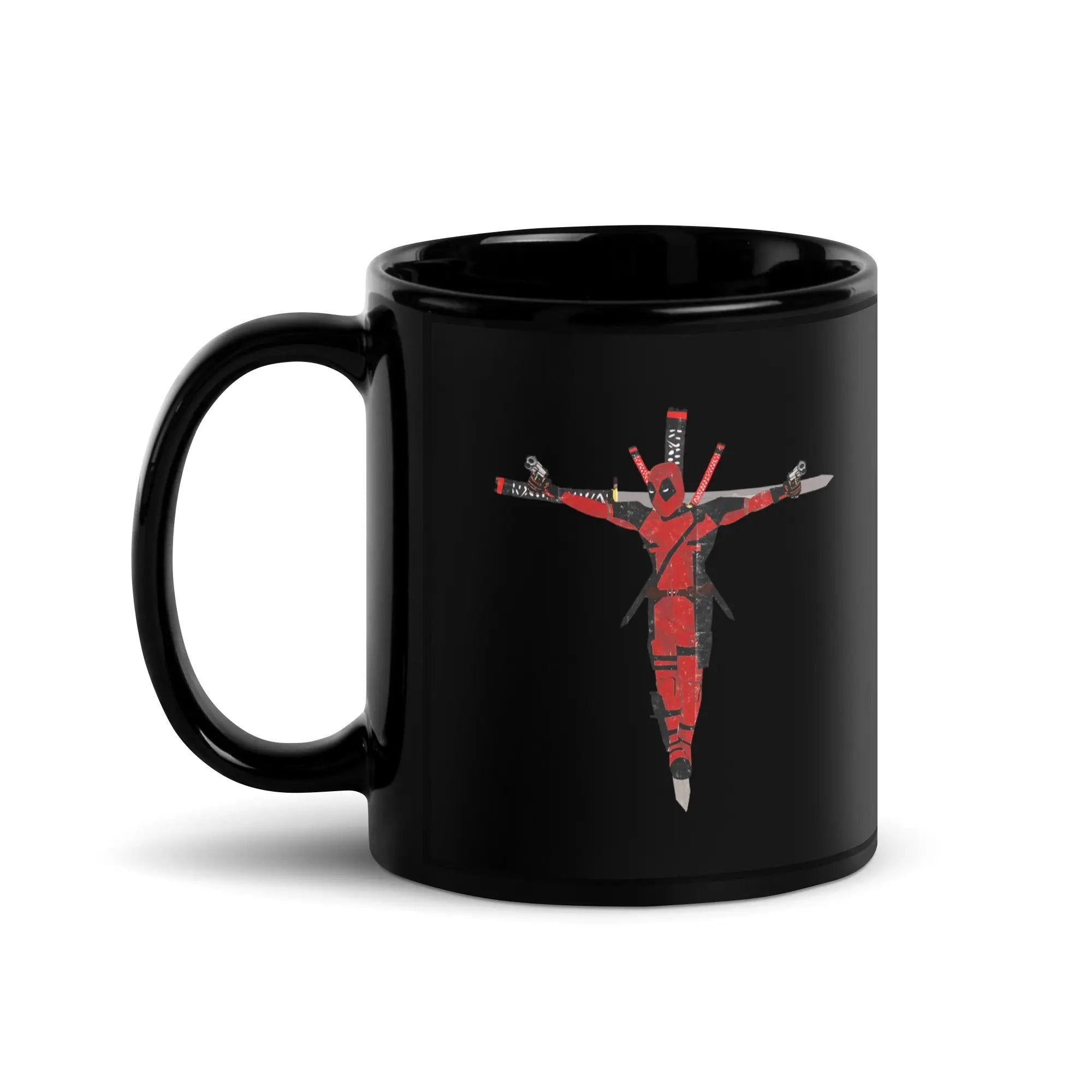 a black coffee mug with the image of jesus on it