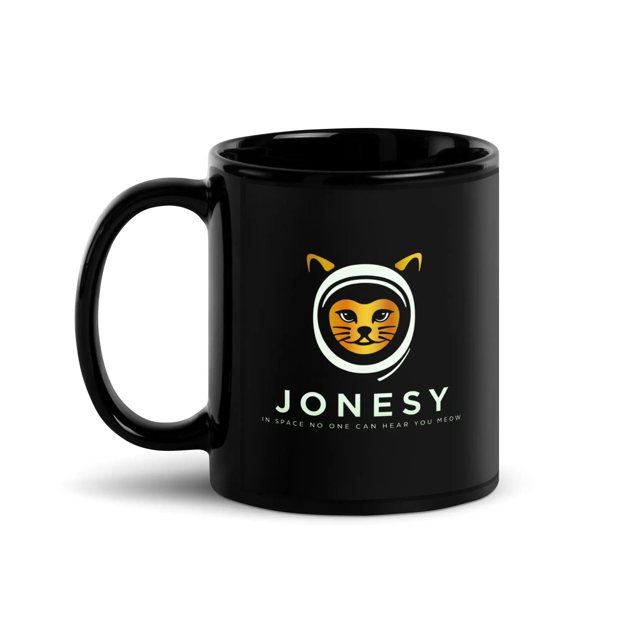a black coffee mug with a cat on it