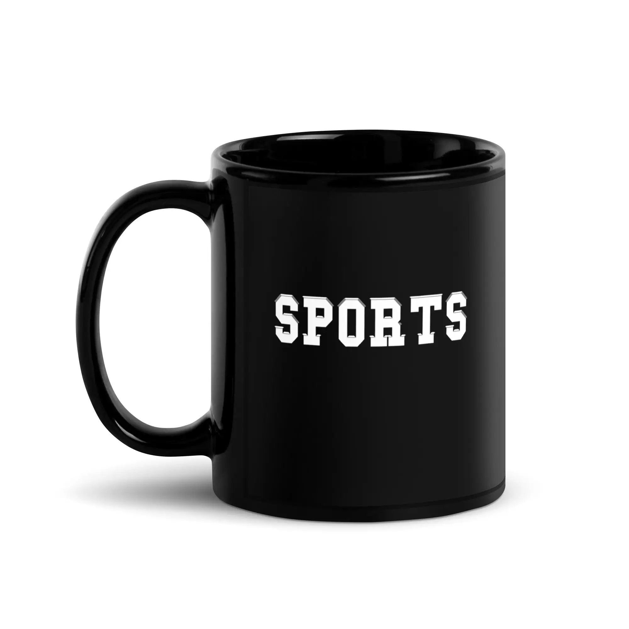 a black mug with the words sports on it