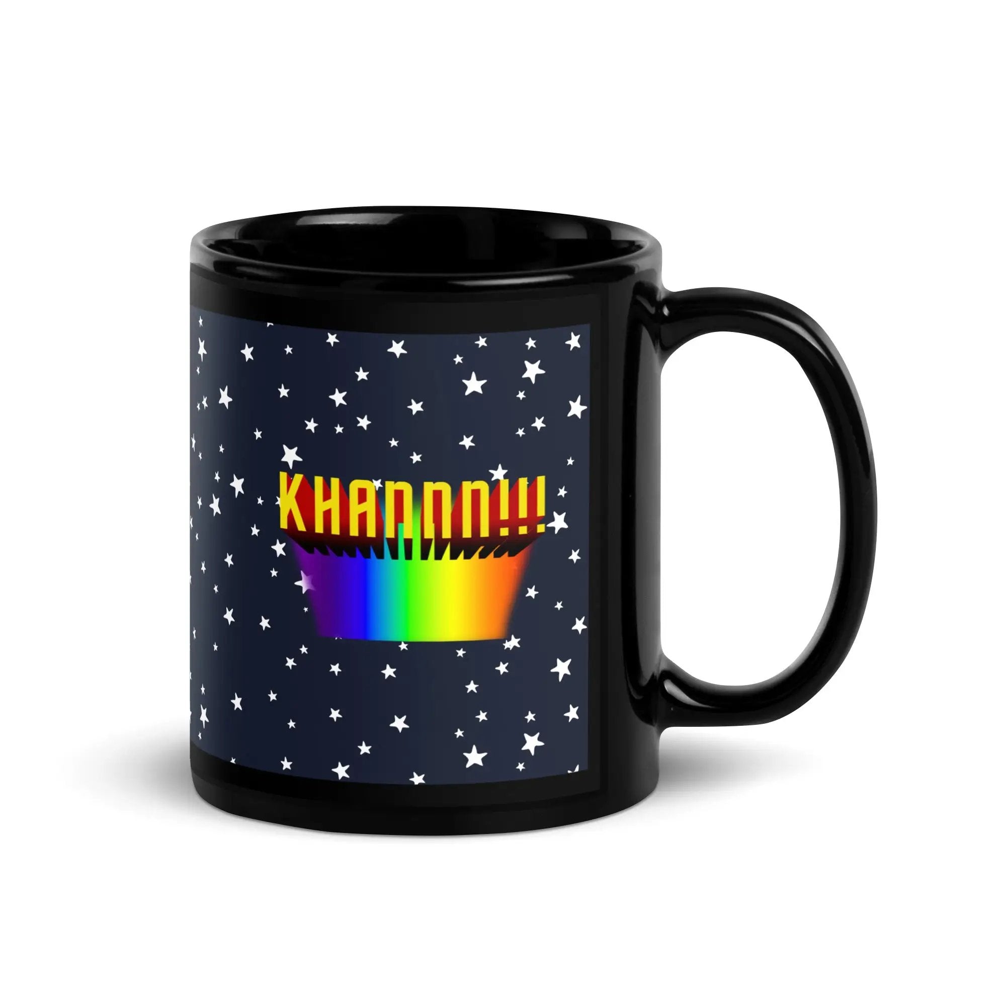 a black coffee mug with a rainbow on it