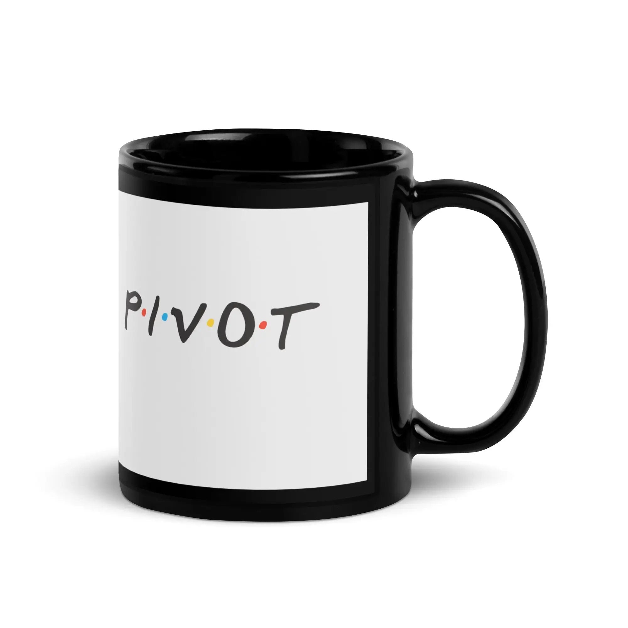a black and white coffee mug with the word pivot on it