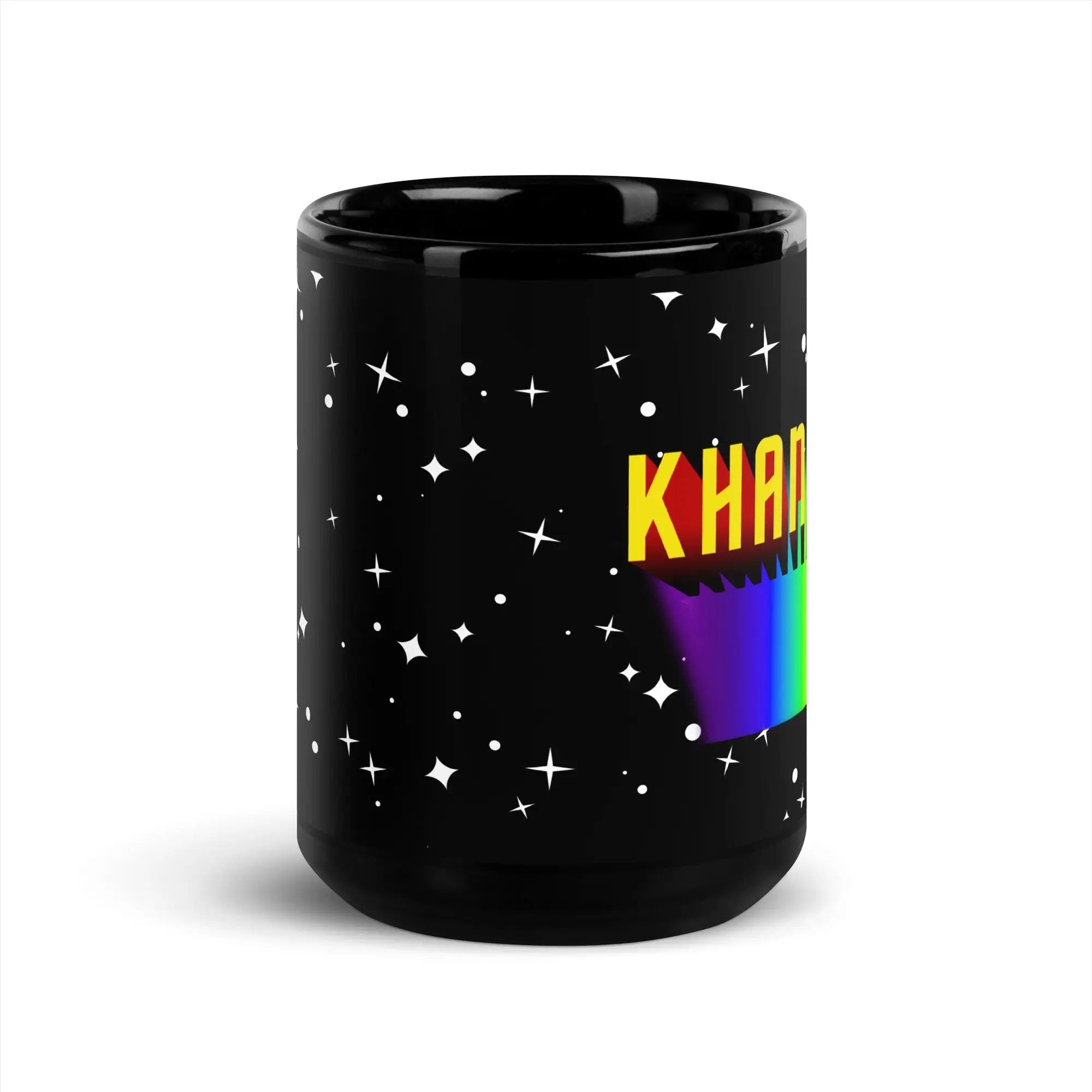 a black coffee mug with a rainbow and stars on it