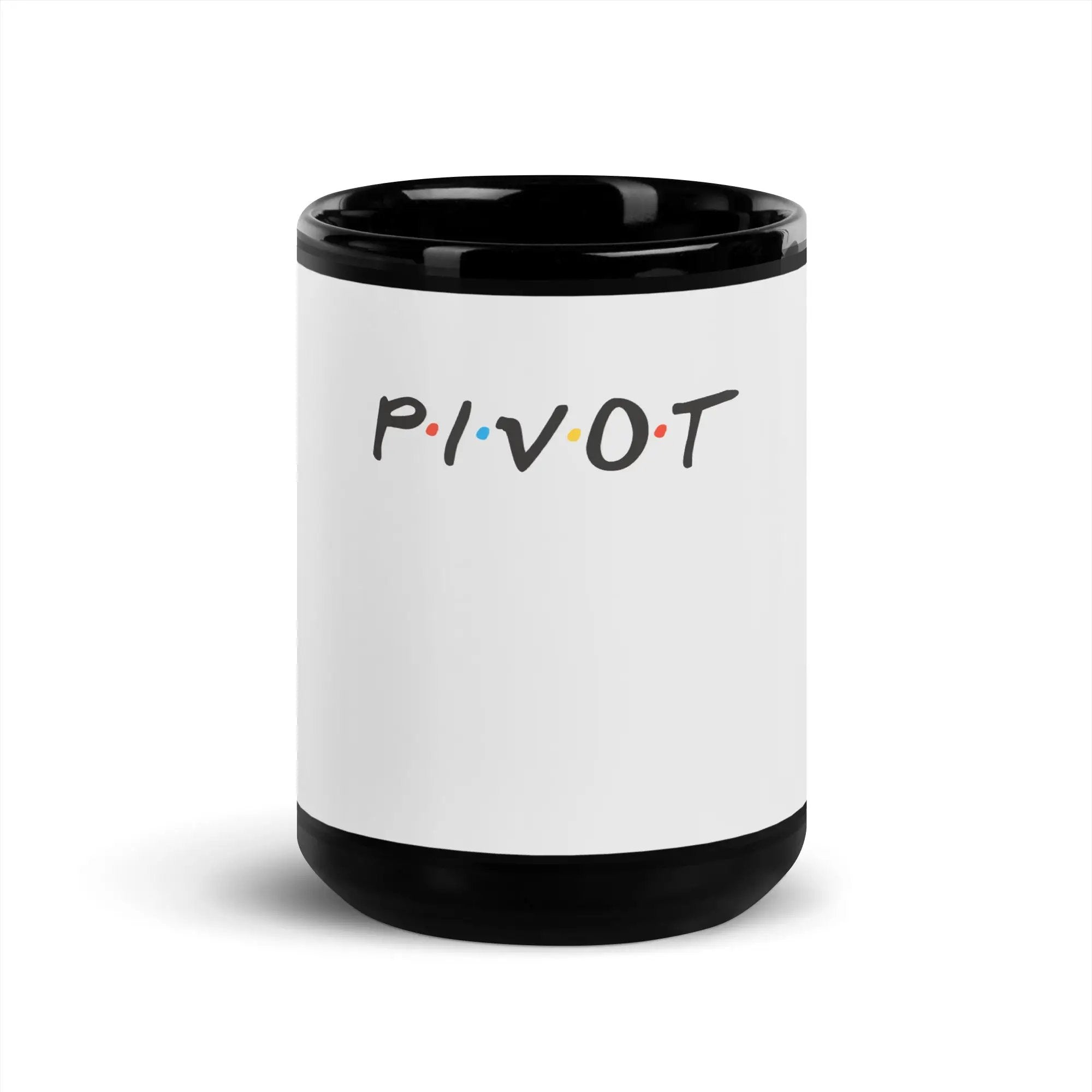 a black and white mug with the word pivot on it