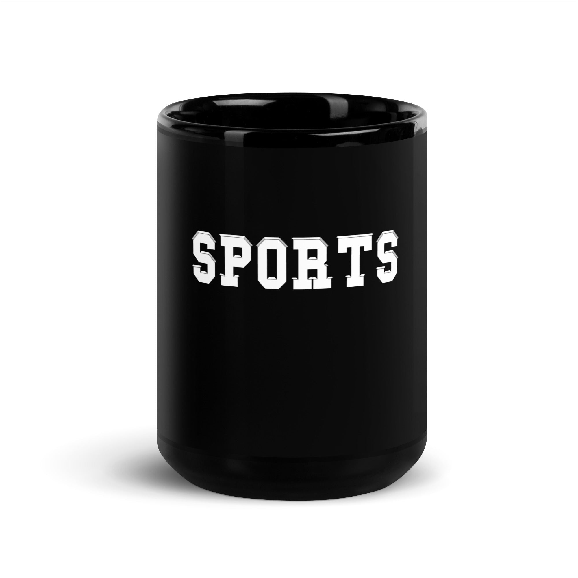 a black mug with the words sports on it