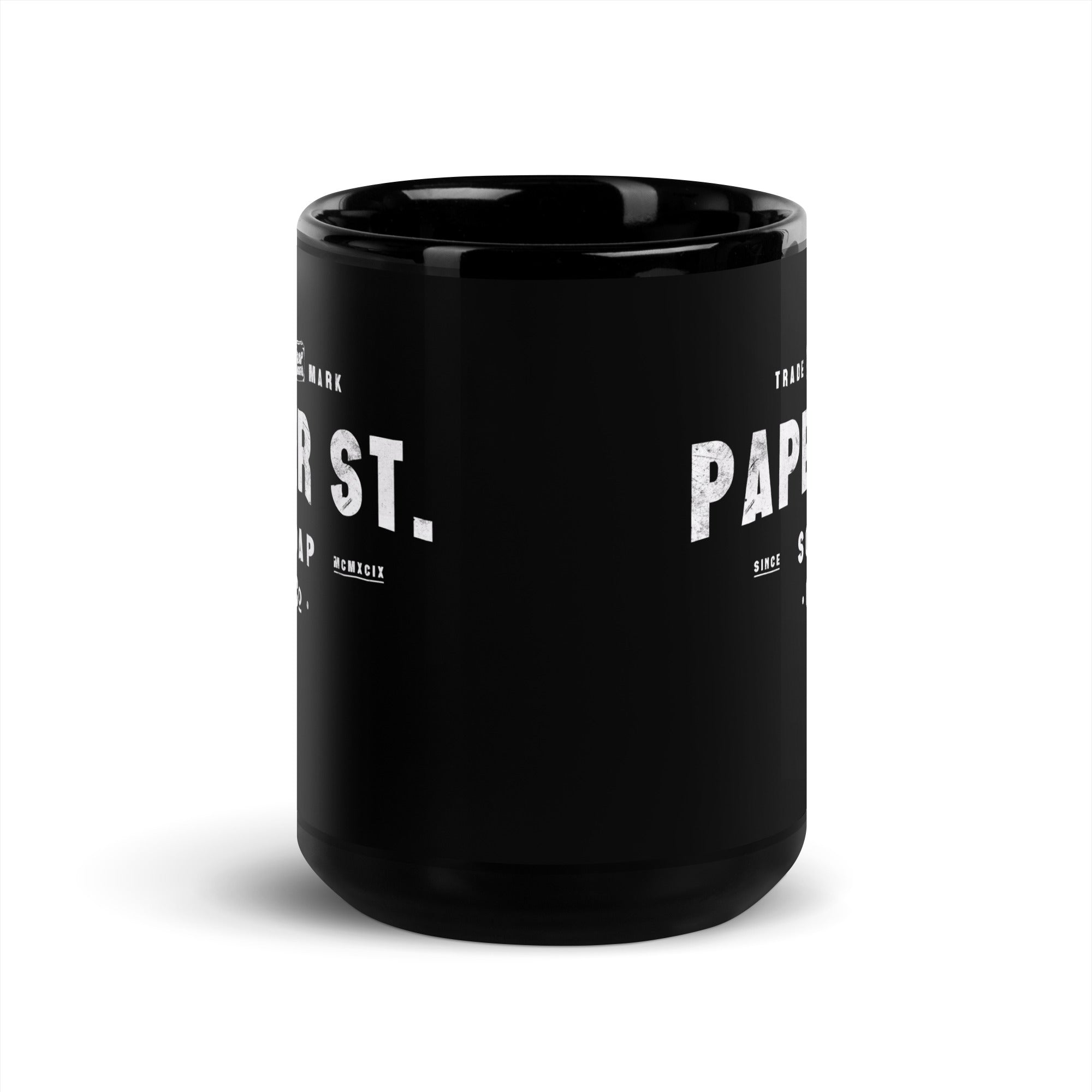 a black coffee mug with the words st paul on it