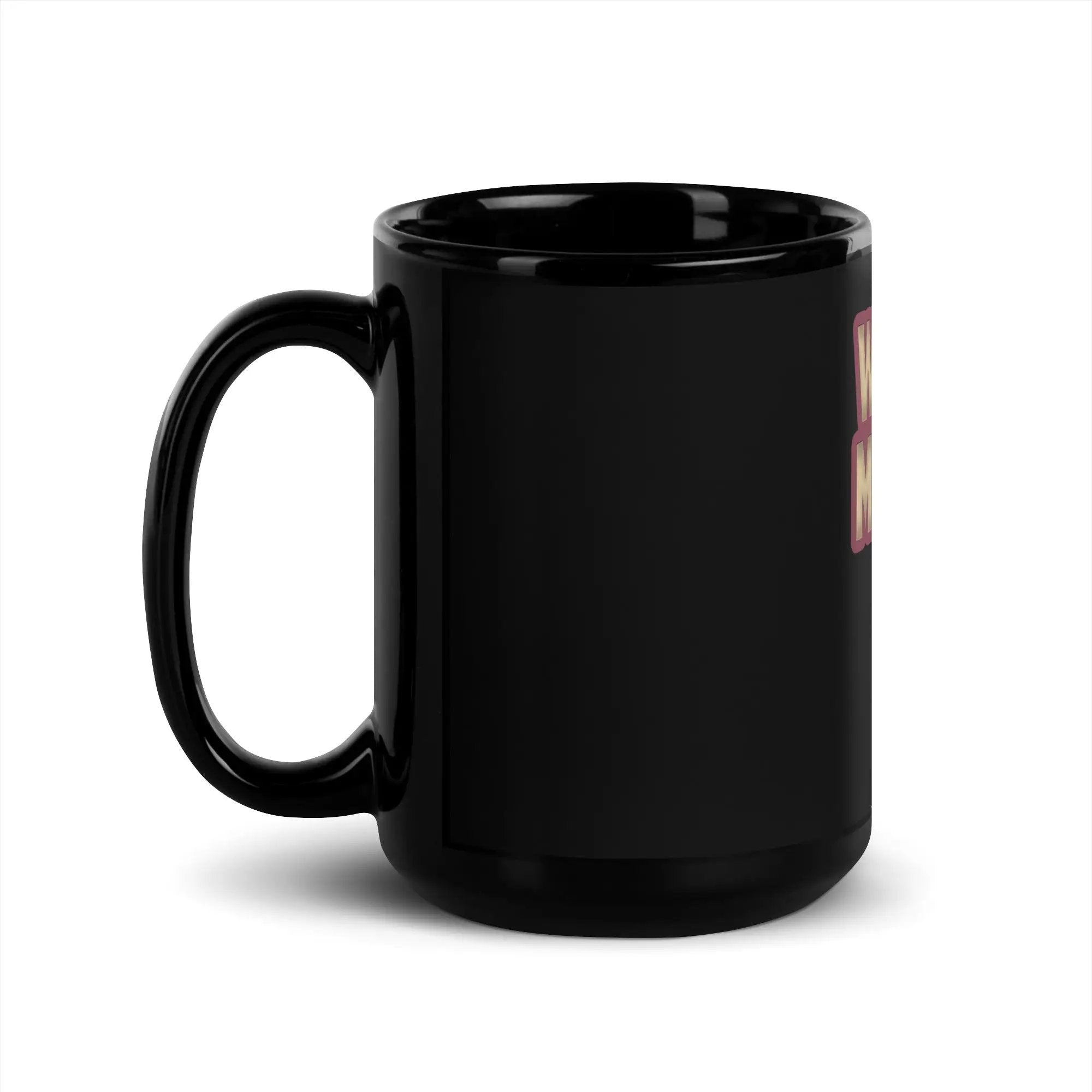 a black coffee mug with a picture of a man on it