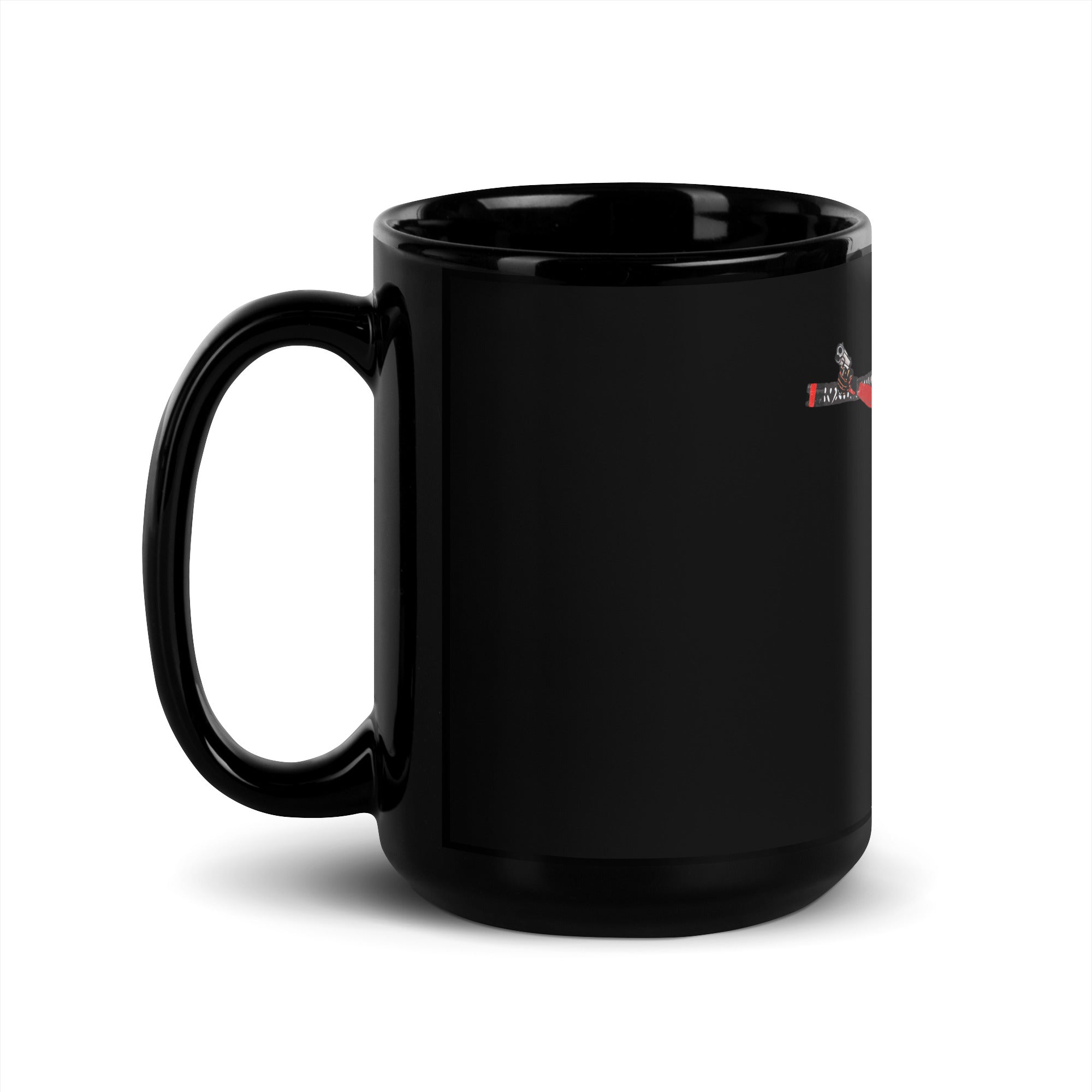 a black coffee mug with a red logo on it