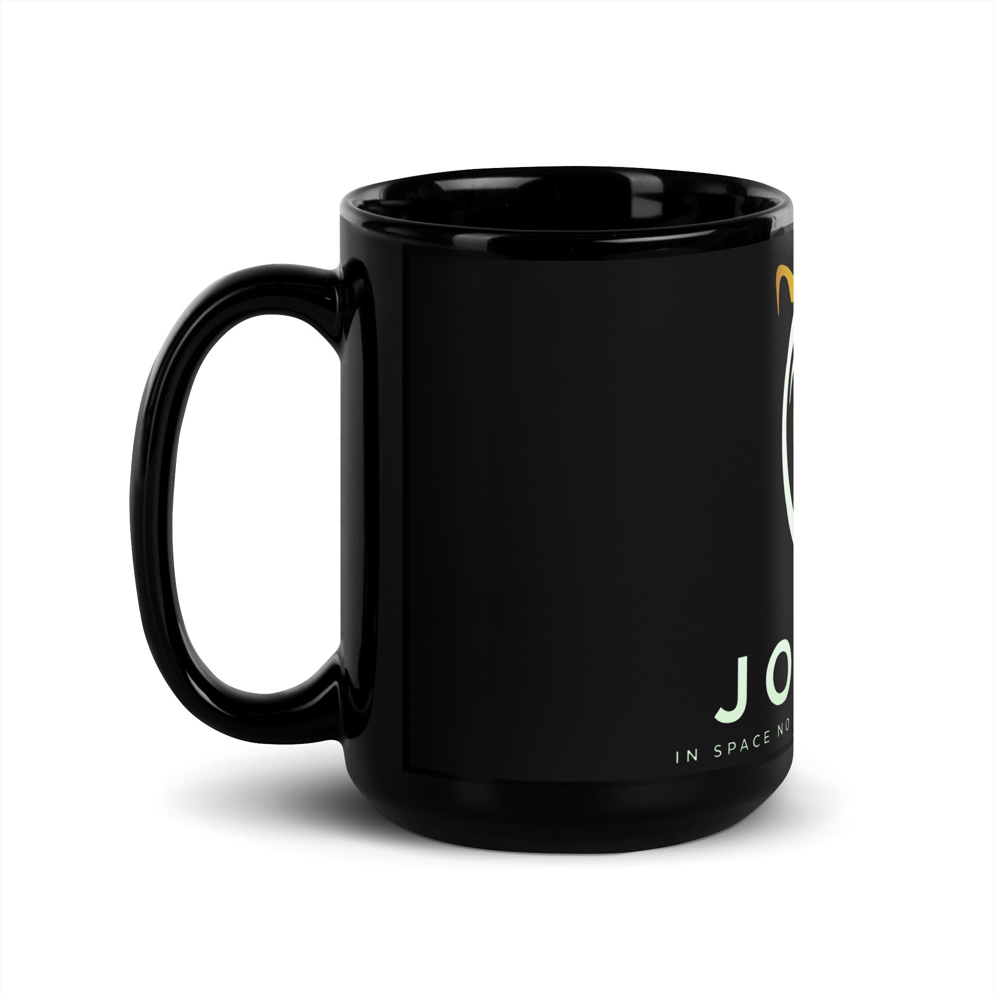 a black coffee mug with the word jojo on it
