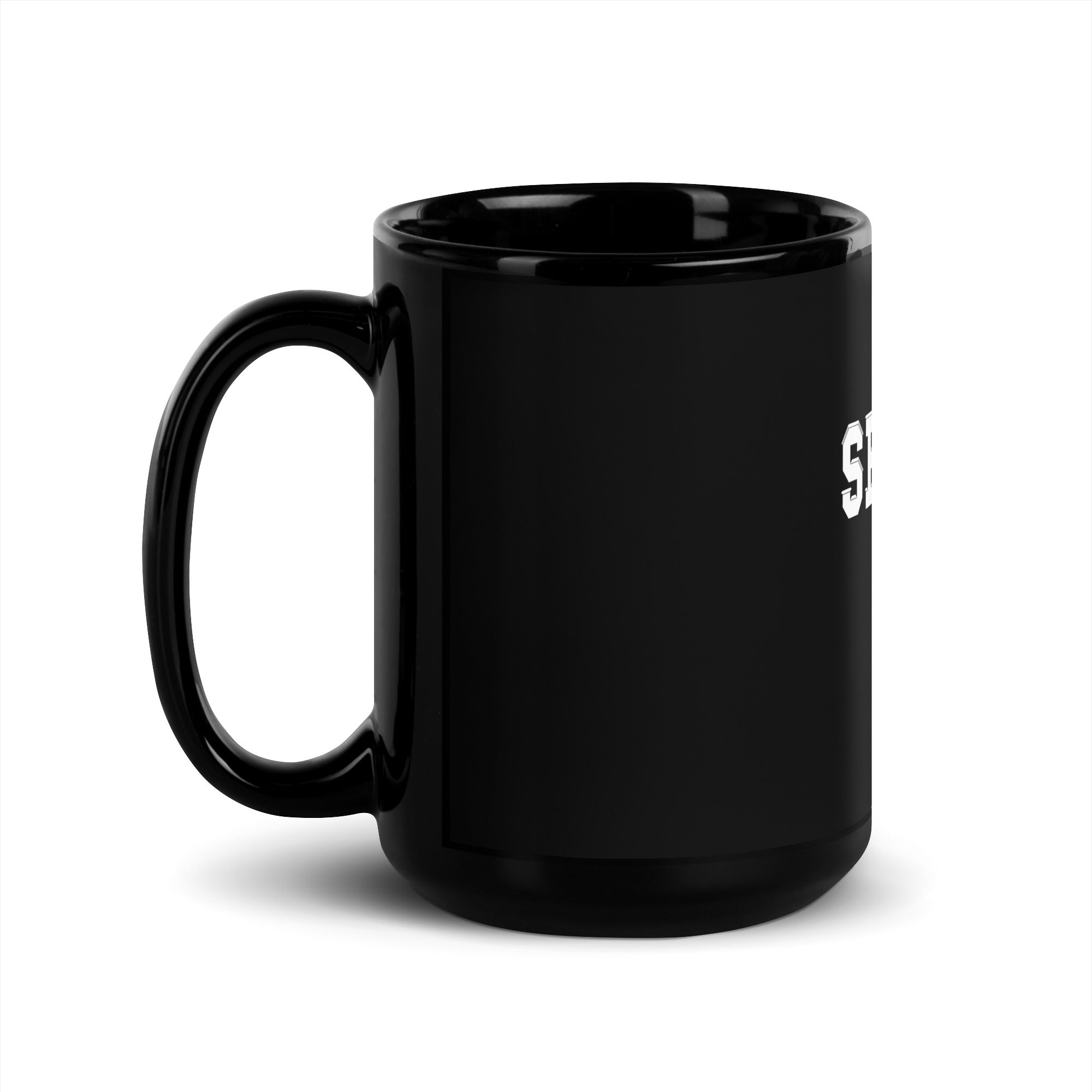 a black coffee mug with a white logo on it