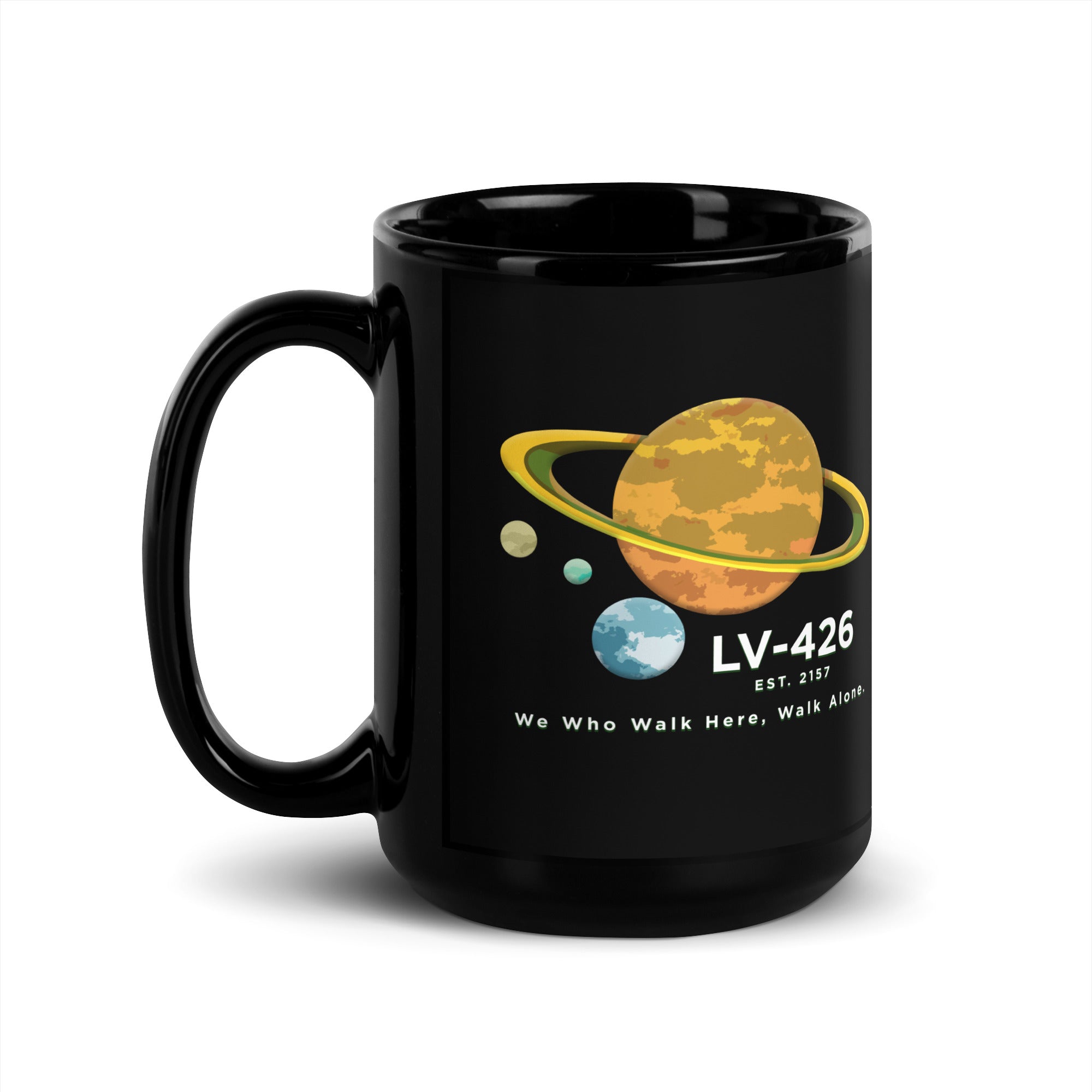 a black coffee mug with a picture of the planets on it