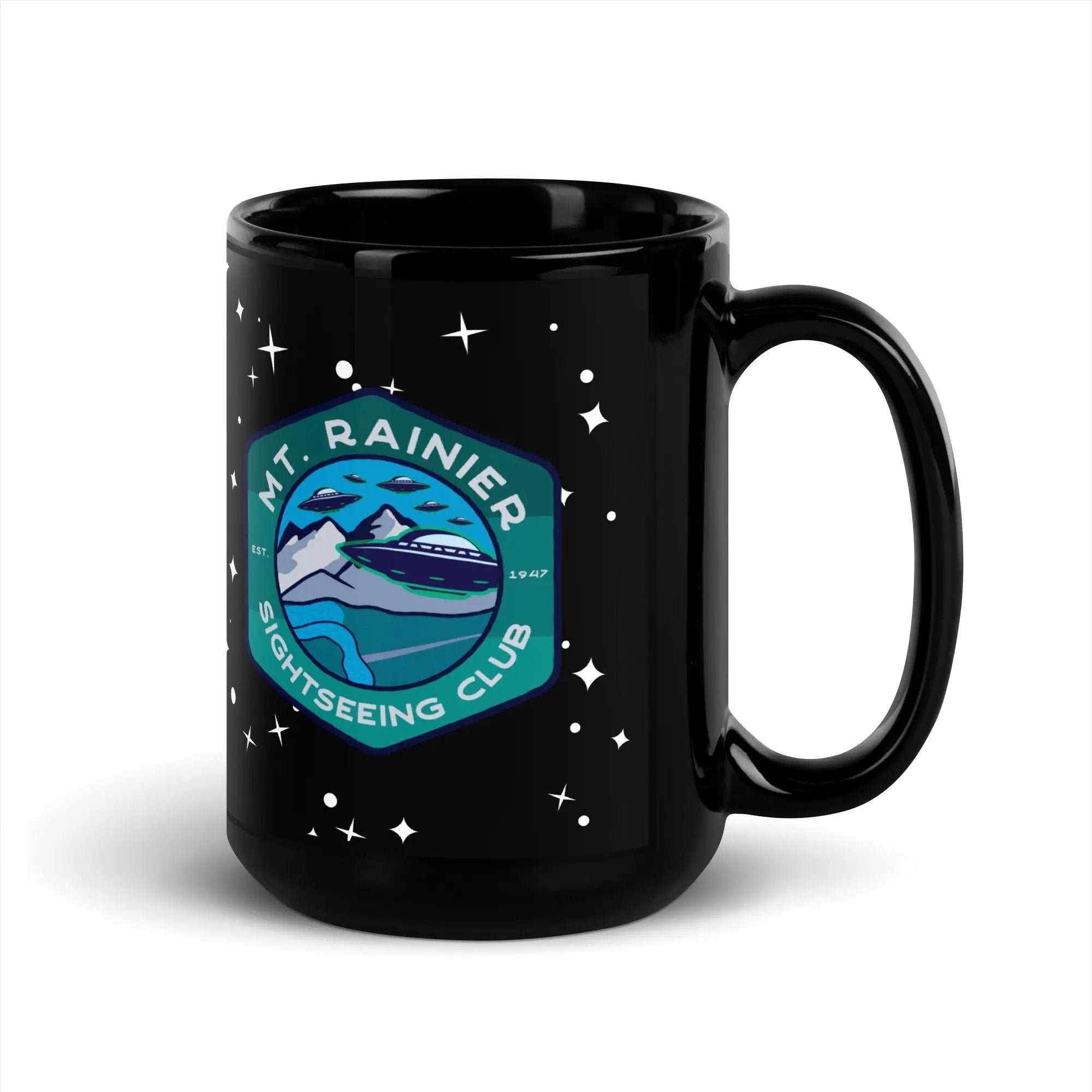 a black coffee mug with the mt rainer steering club logo on it
