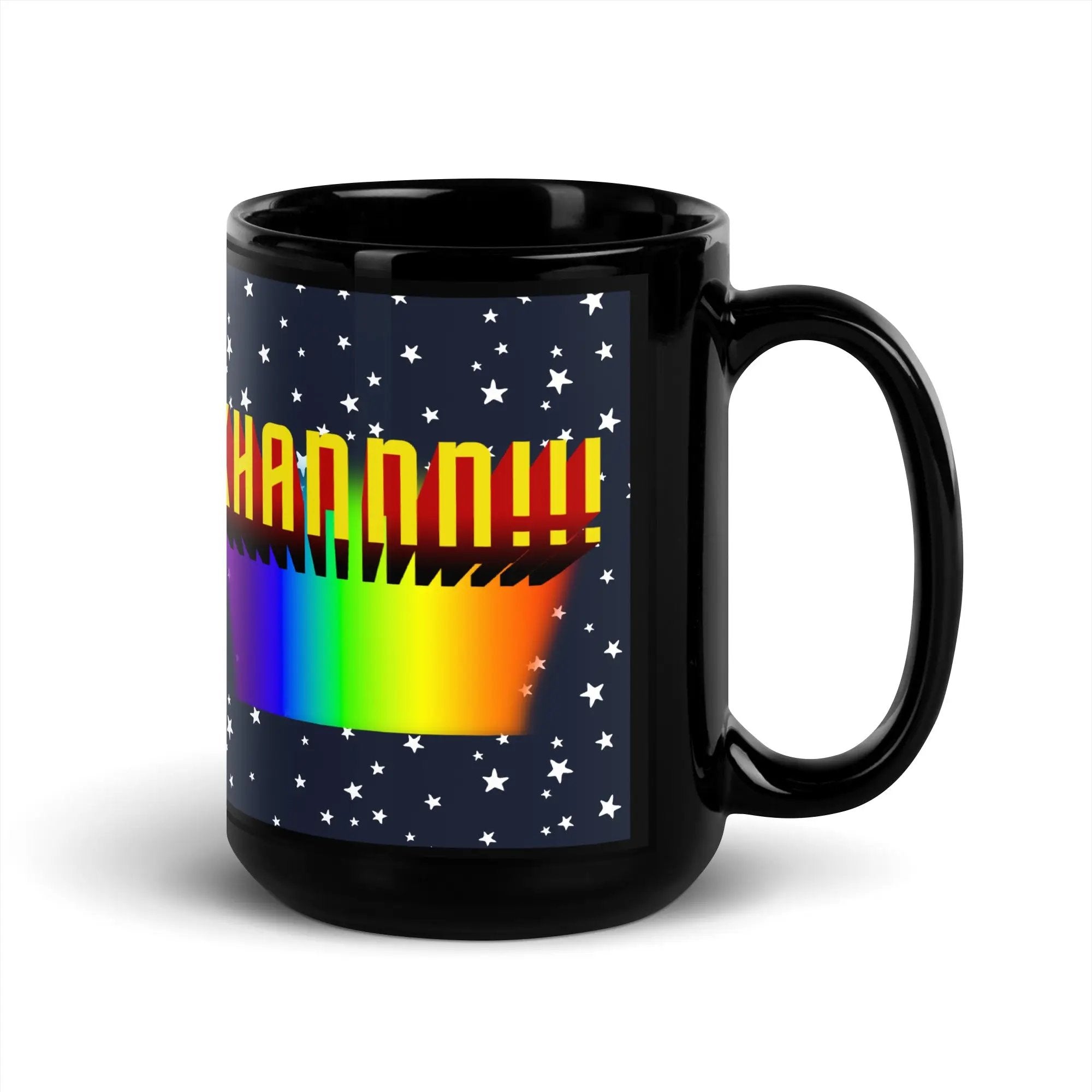 a black coffee mug with a rainbow on it