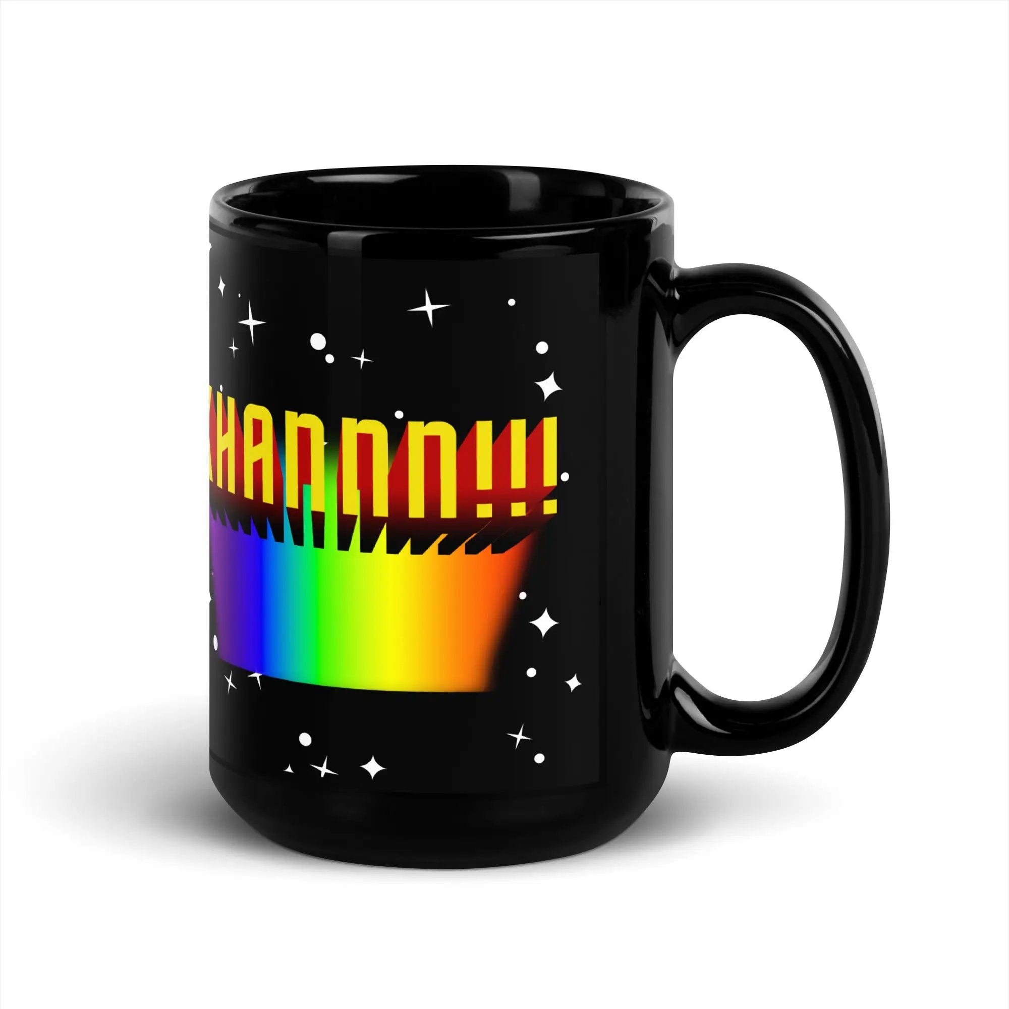 a black coffee mug with a rainbow on it