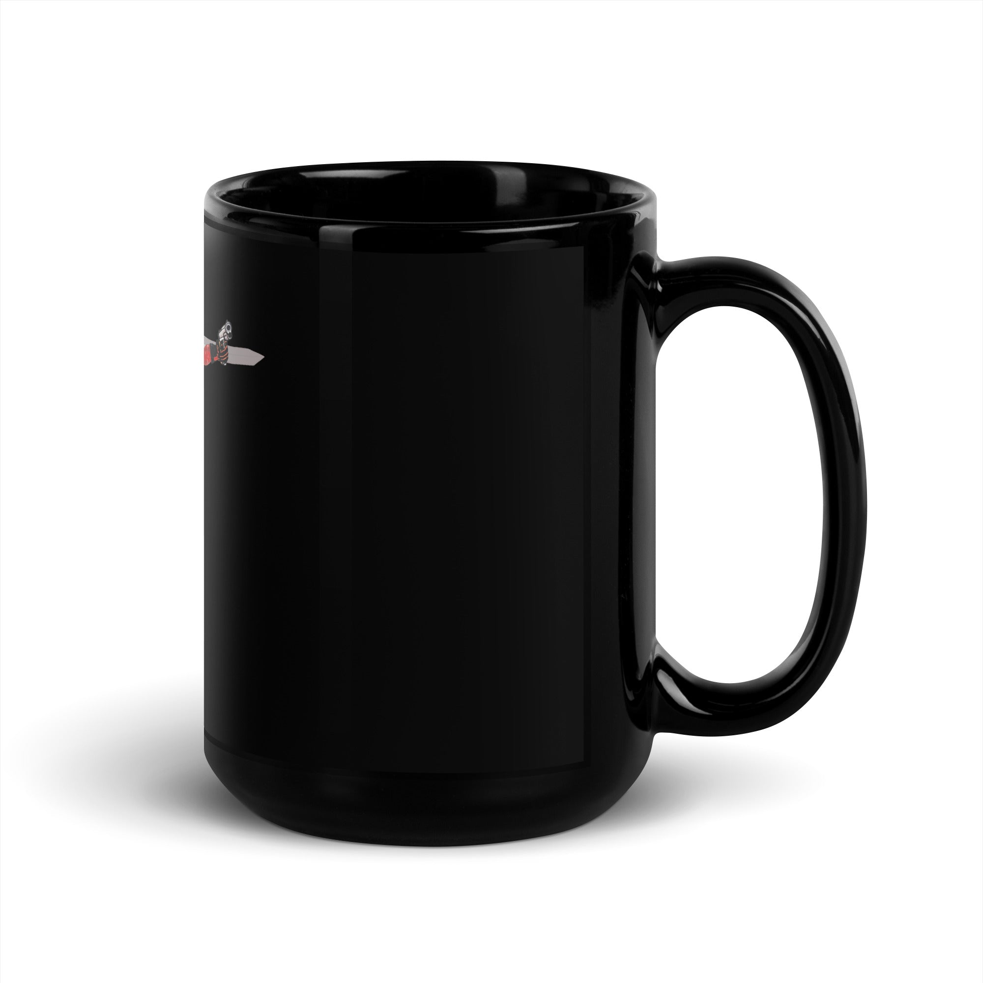 a black coffee mug with a red arrow on it