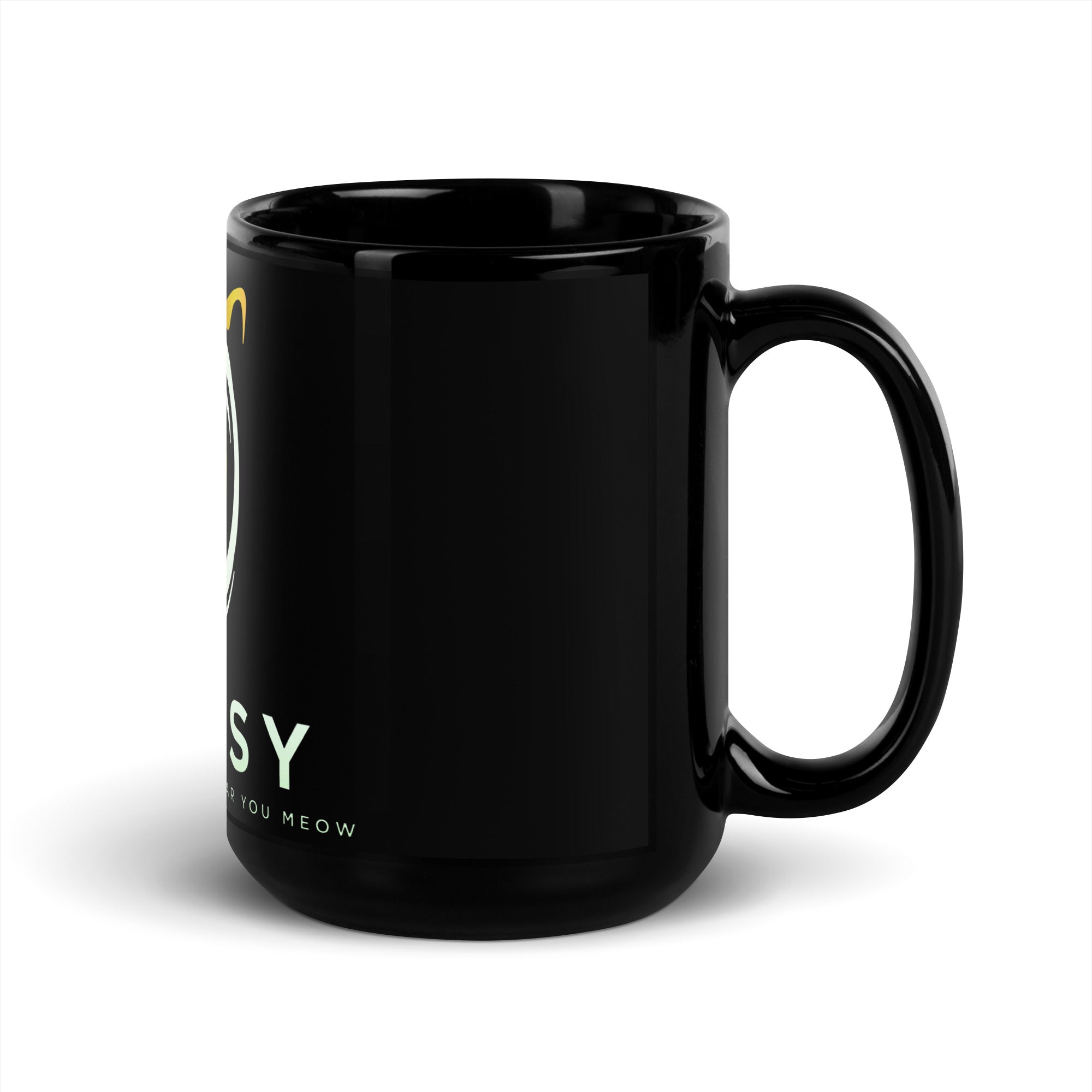 a black coffee mug with the words easy on it