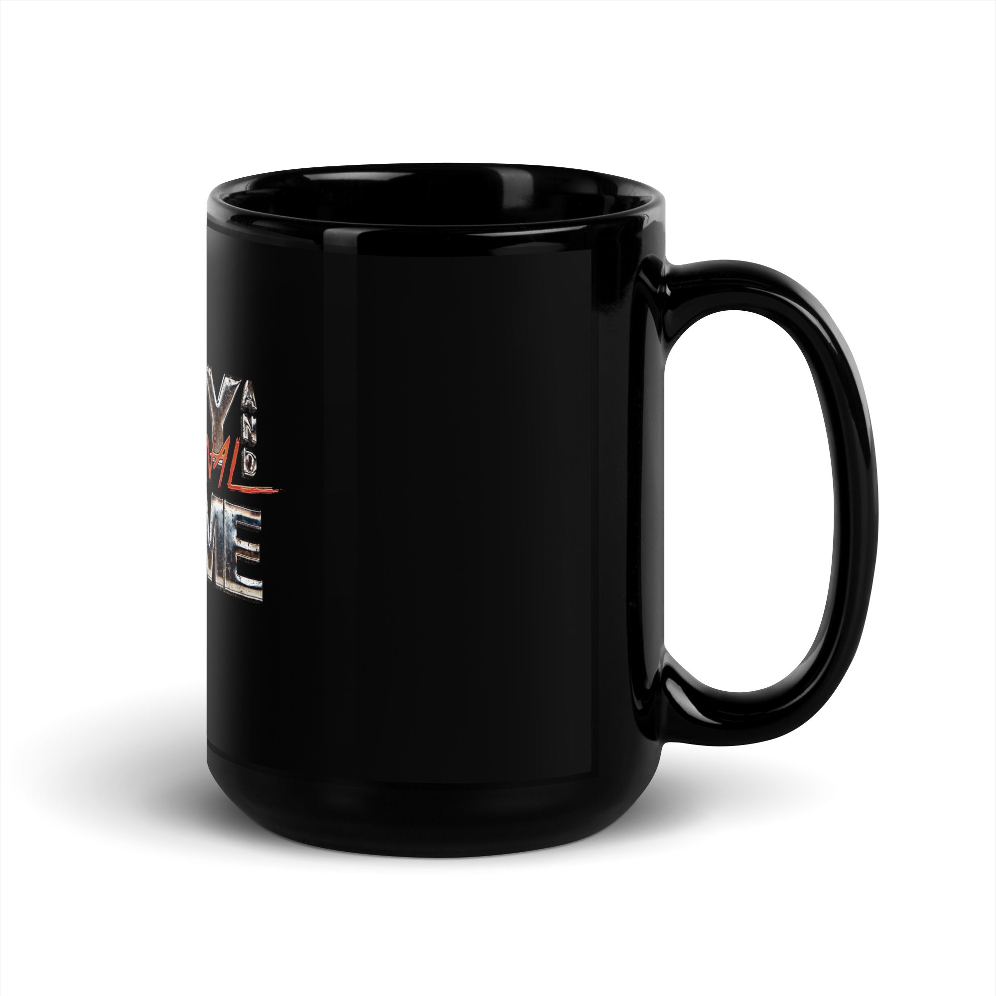a black coffee mug with a design on it