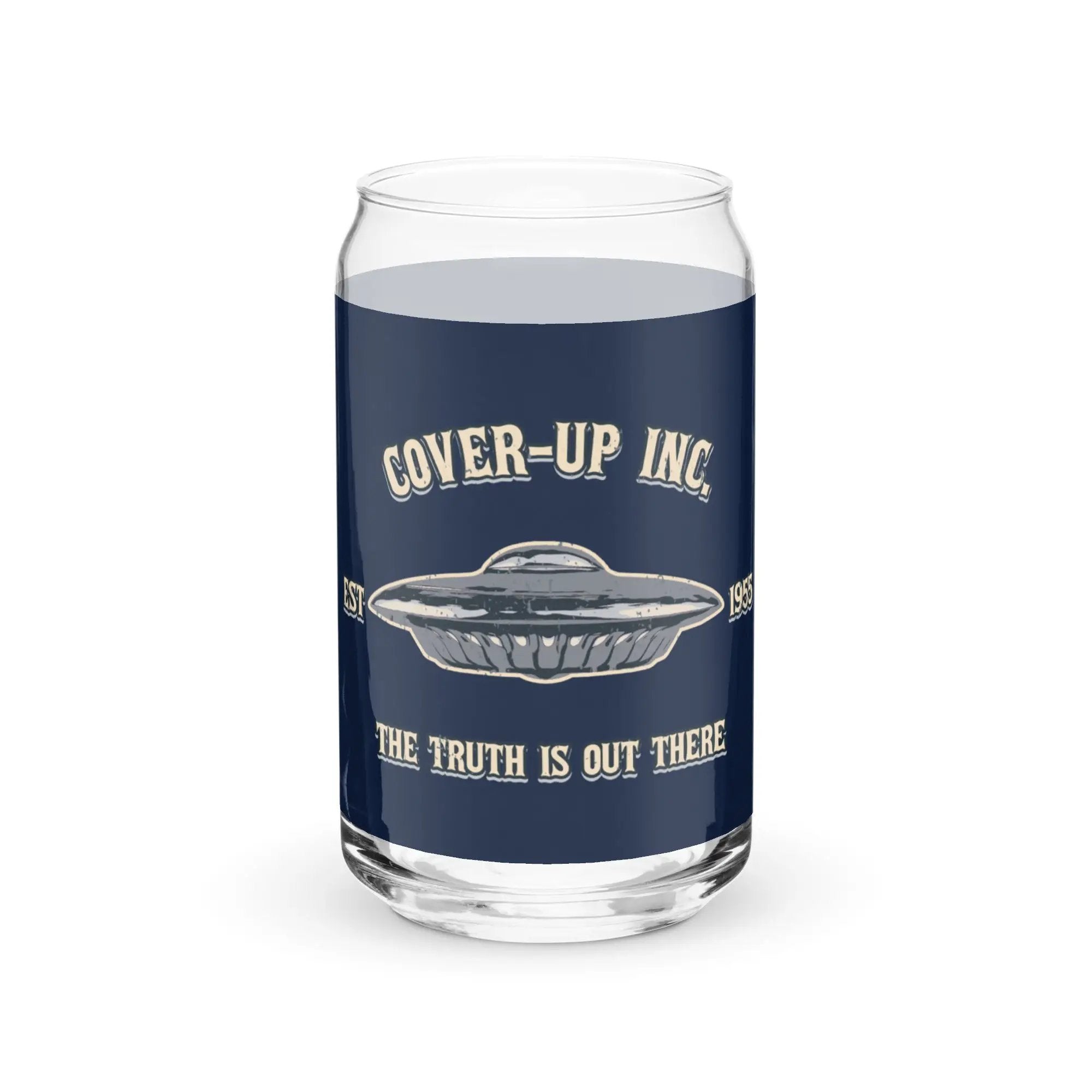 a glass with the words cover - up inc on it